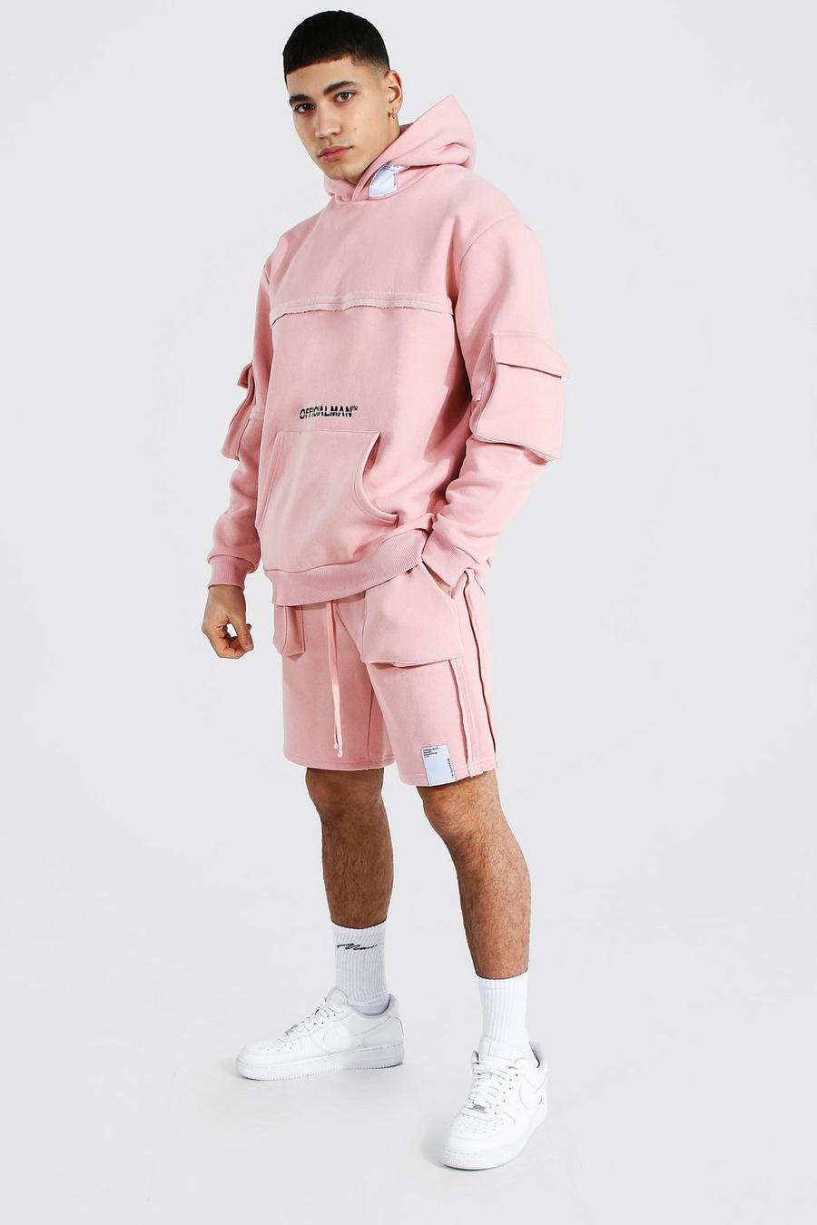 Pink Oversized Man Raw Seam Short Hooded Tracksuit image number 1