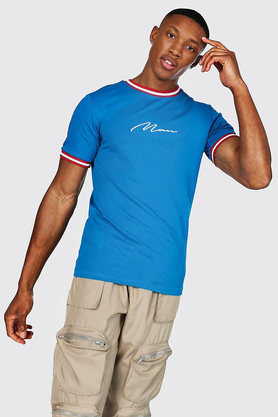 Blue Man Signature Geribbeld Muscle Fit T-Shirt Met Streep image number 1