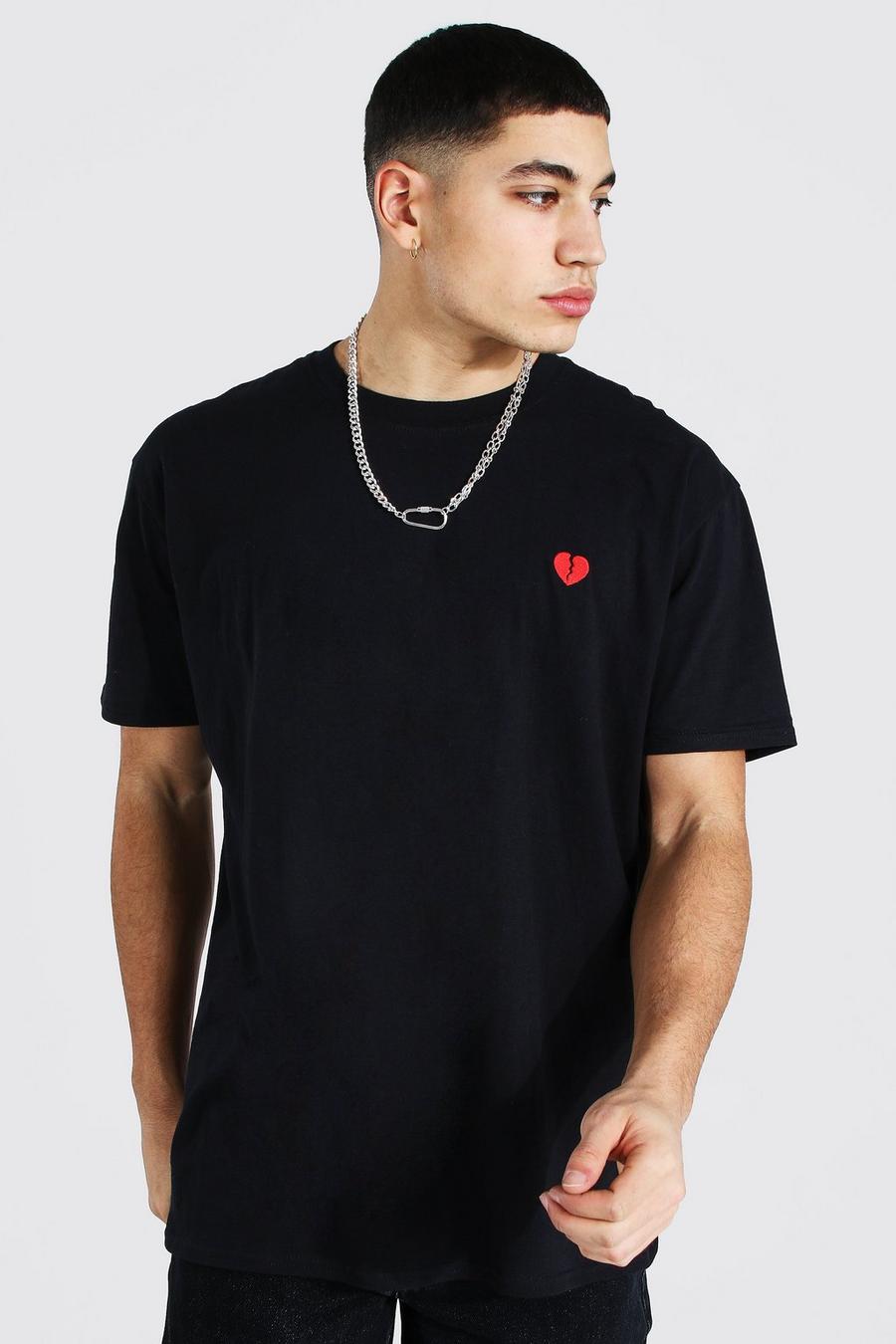 Black Geborduurd Valentijns Broken Heart T-Shirt image number 1