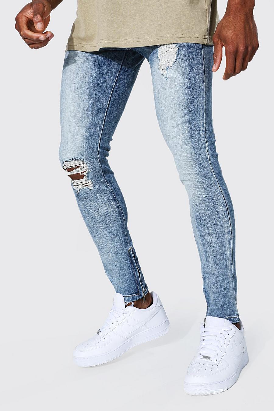 Super Skinny Jeans mit zerrissener Kniepartie und Reißverschlüssen am Saum, Hellblau image number 1