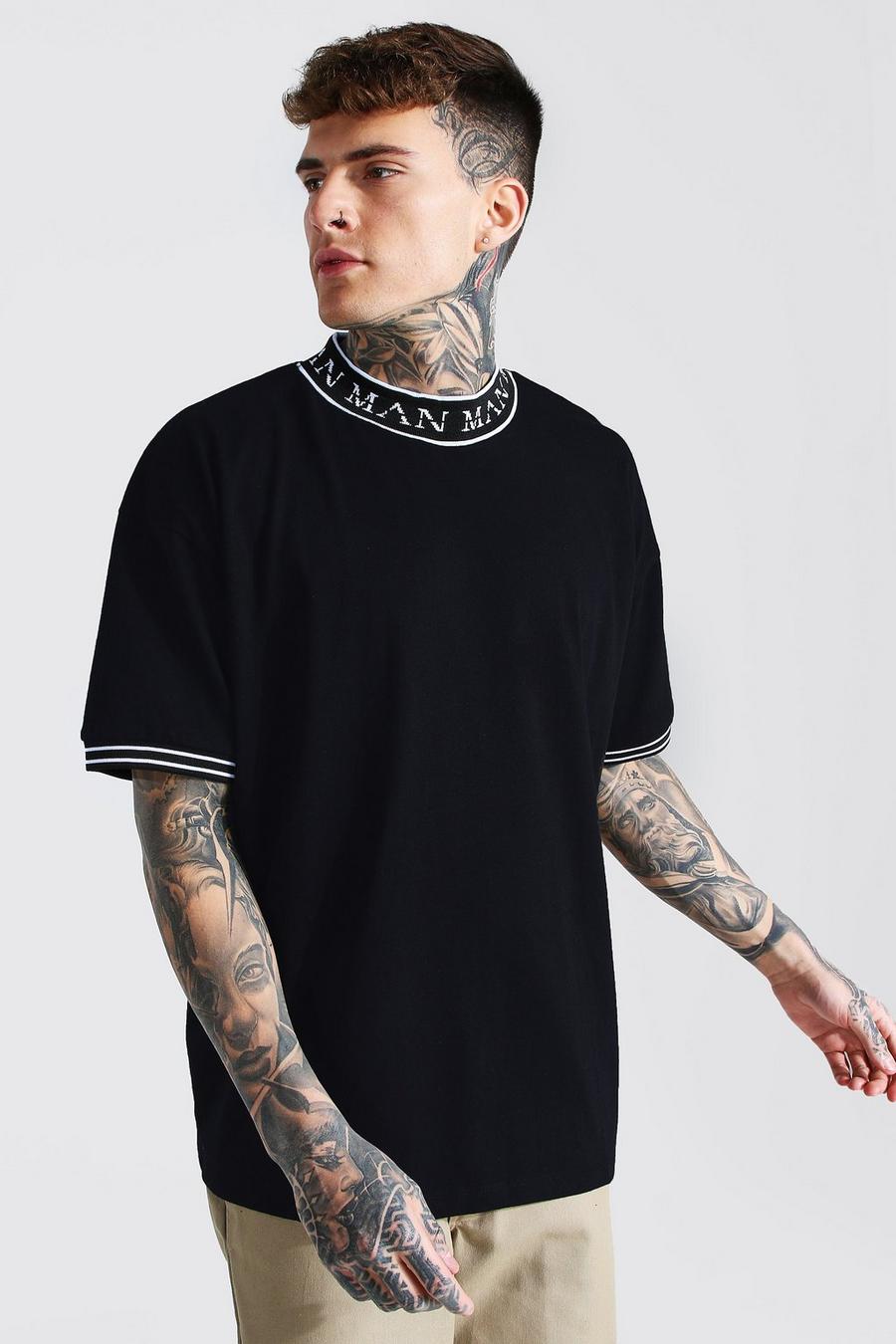 T-shirt oversize con collo in jacquard e scritta MAN, Nero image number 1