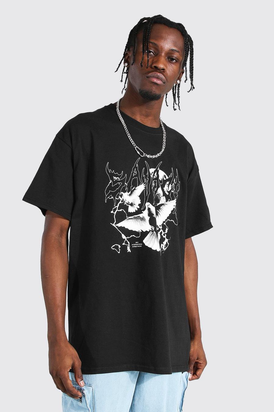 T-shirt coupe oversize imprimé colombe, Noir image number 1