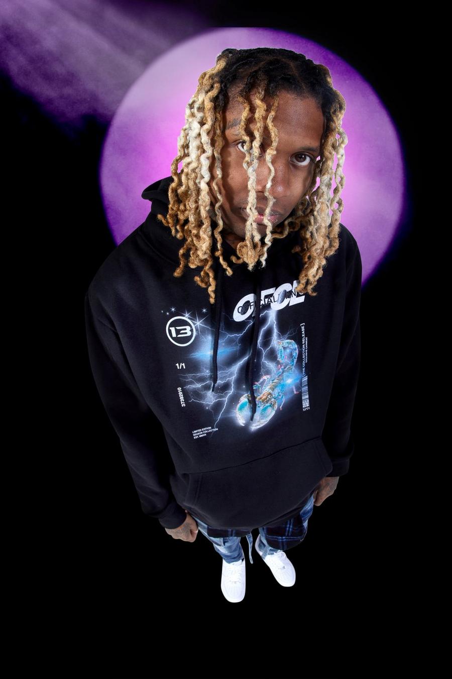 Black MAN Oversize hoodie med grafiskt tryck och skorpion image number 1