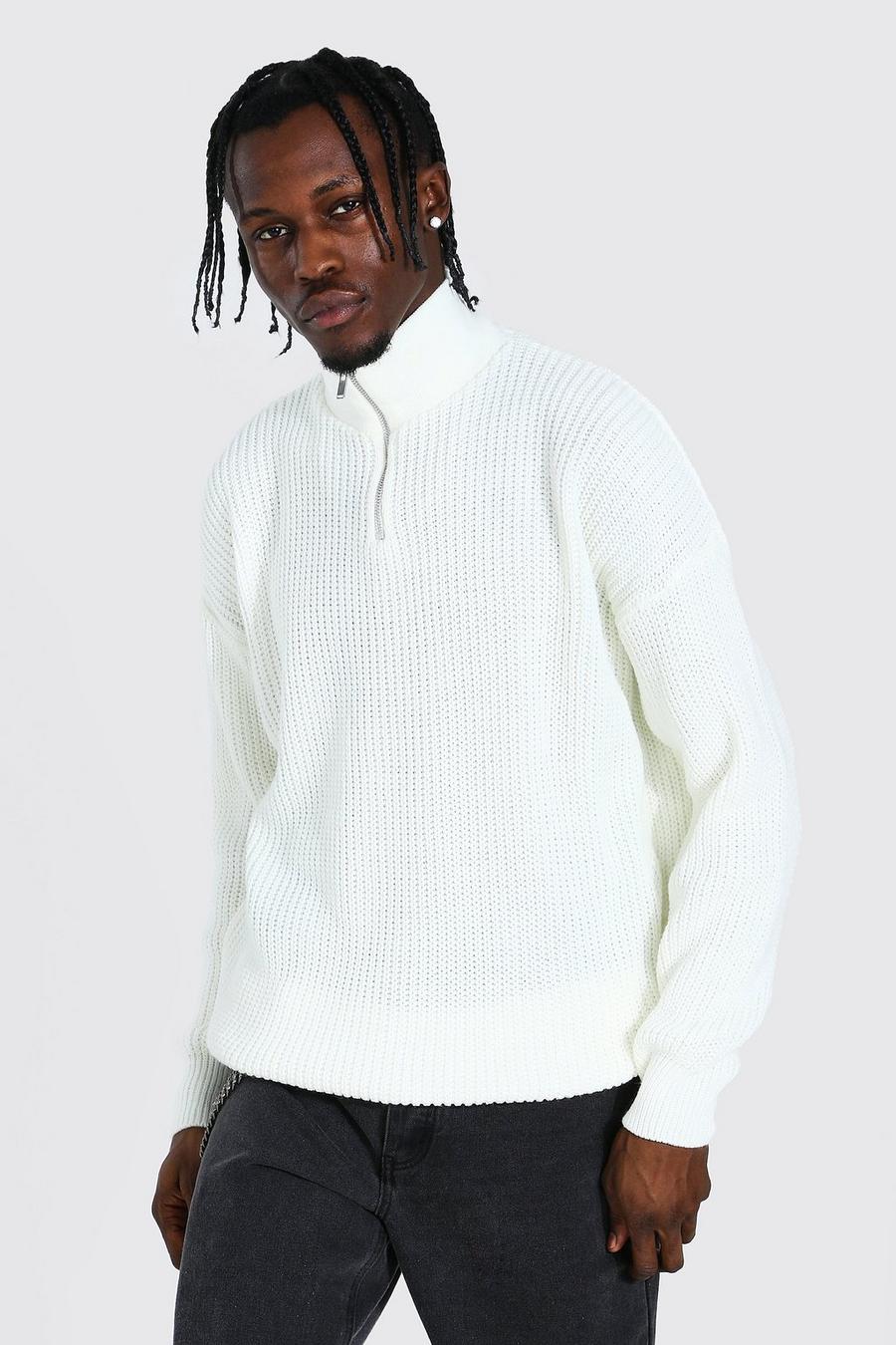 Cream Oversized Chunky Ribbed Half Zip Jumper image number 1