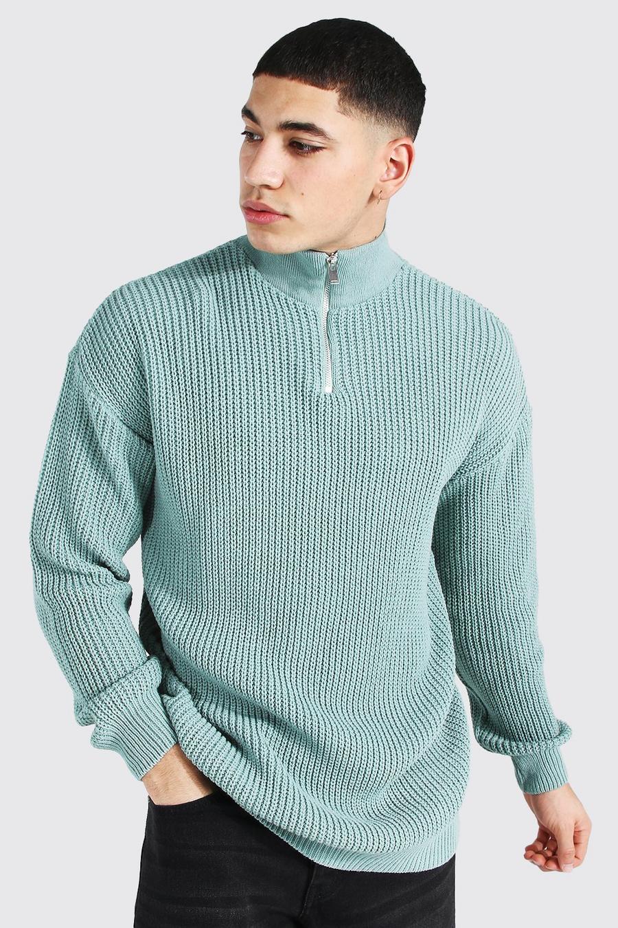 Sage Oversized Chunky Ribbed Half Zip Sweater image number 1