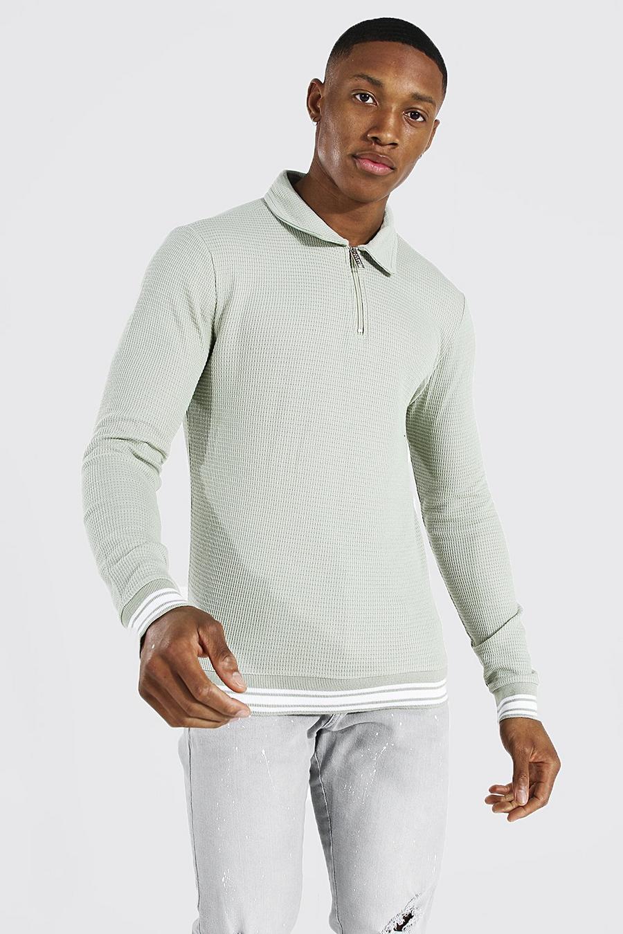 Sage Muscle Fit Long Sleeve Knit Polo With Stripes image number 1
