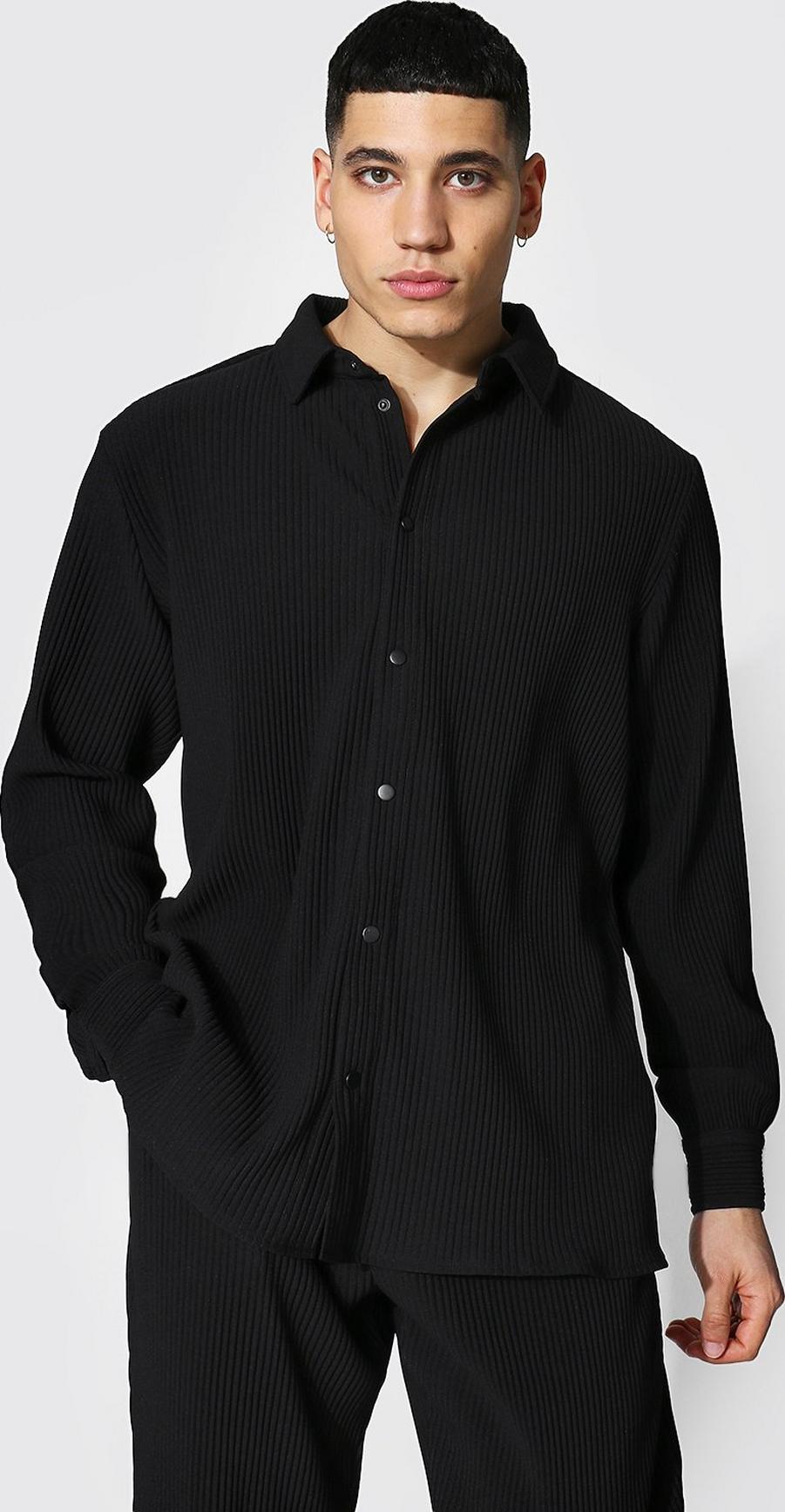 Black Long Sleeve Pleated Popper Shirt Jacket image number 1