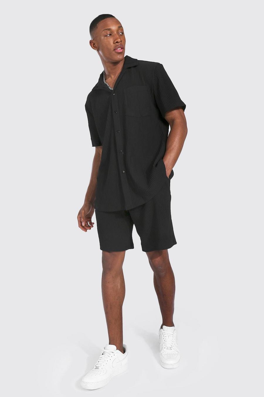 Black Short Sleeve Pleated Shirt Short Set image number 1
