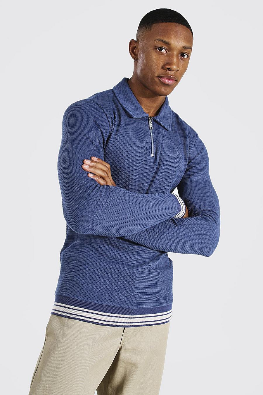 Blue Muscle Fit Long Sleeve Knit Polo With Stripes image number 1