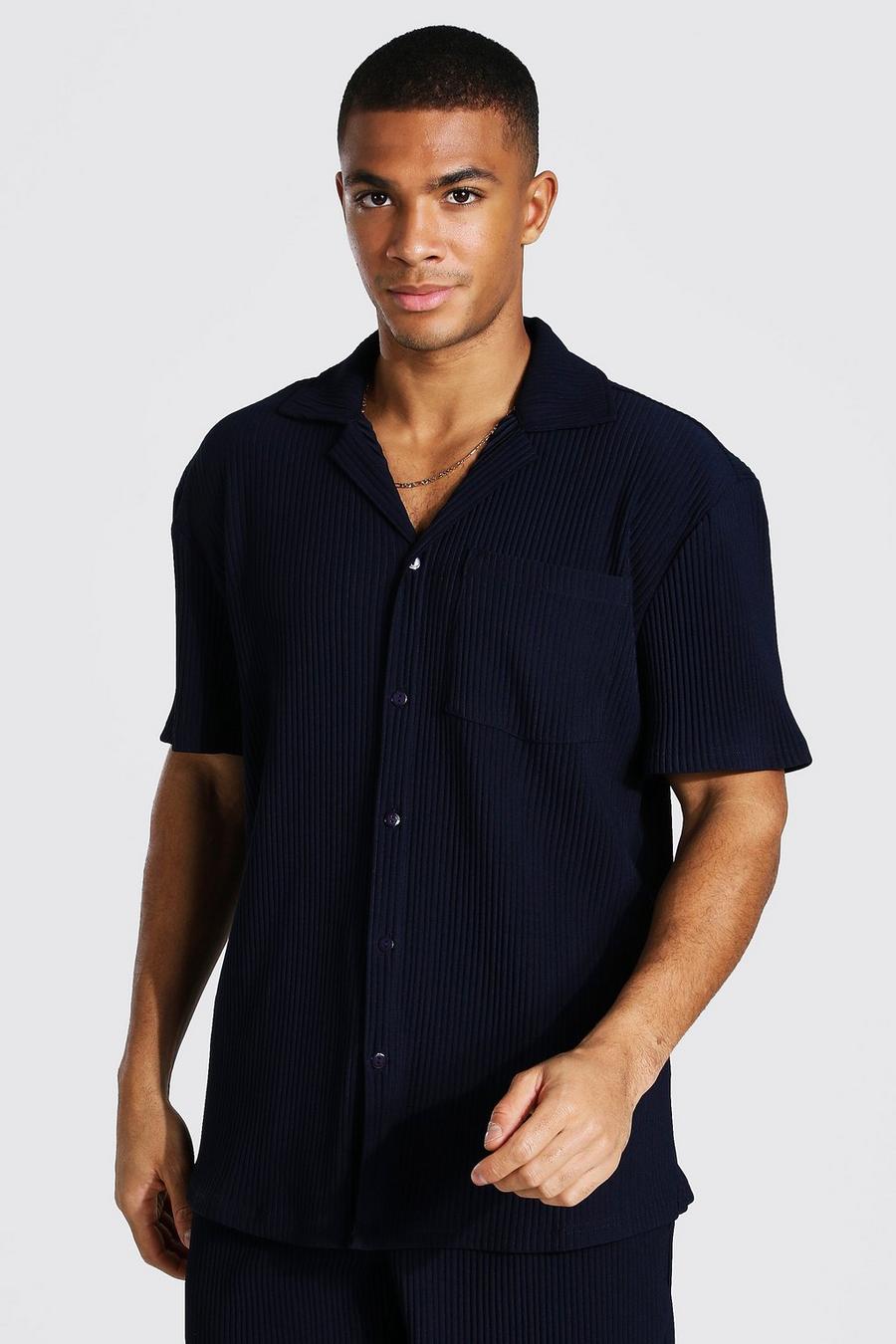 Kurzärmliges Shirt mit Zierfalten und Reverskragen, Marineblau image number 1