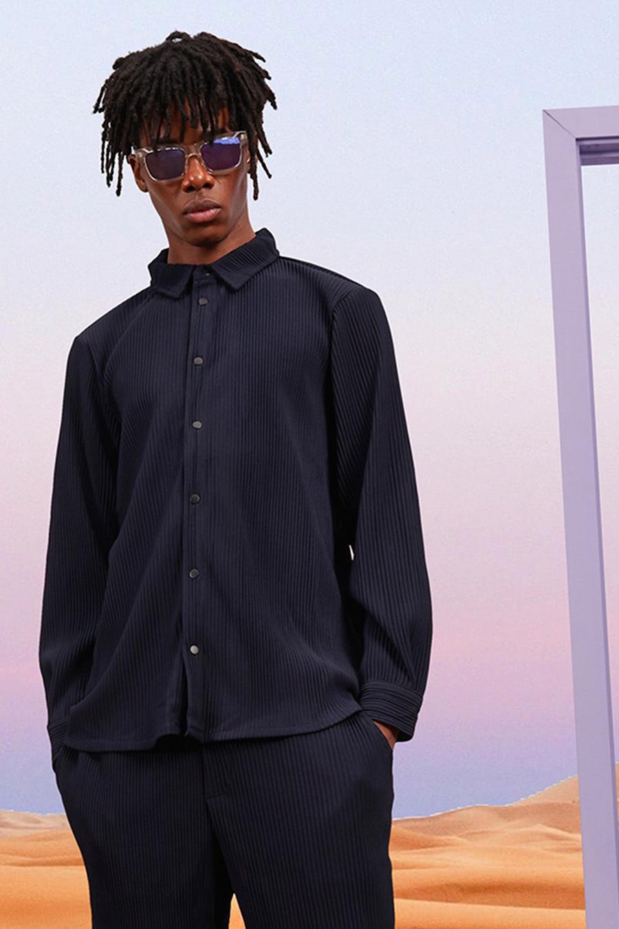 Navy Long Sleeve Pleated Popper Overshirt image number 1