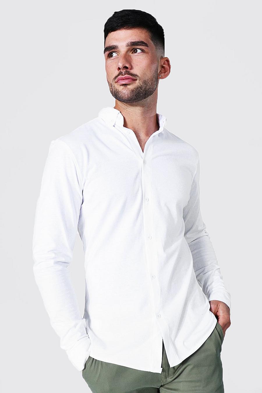 White Slim Fit Jersey Overhemd Met Lange Mouwen image number 1