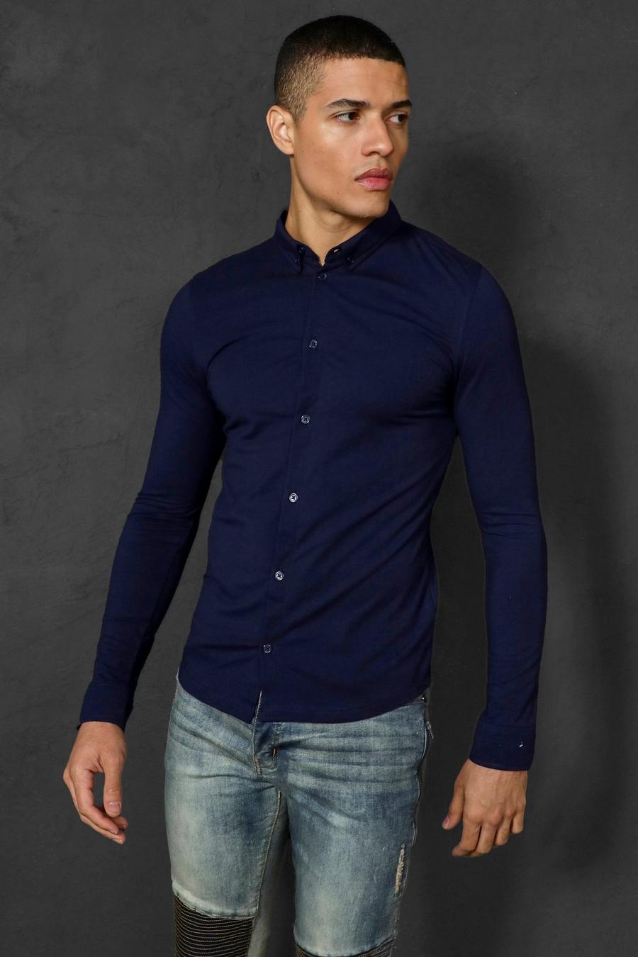 Navy Muscle Fit Jersey Overhemd Met Lange Mouwen image number 1