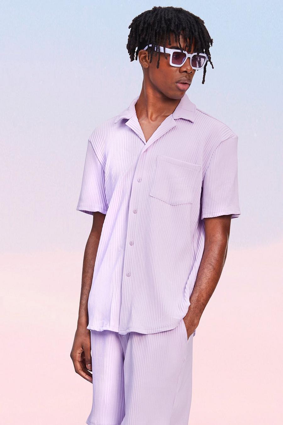 Lilac Pleated Short Sleeve Revere Shirt image number 1