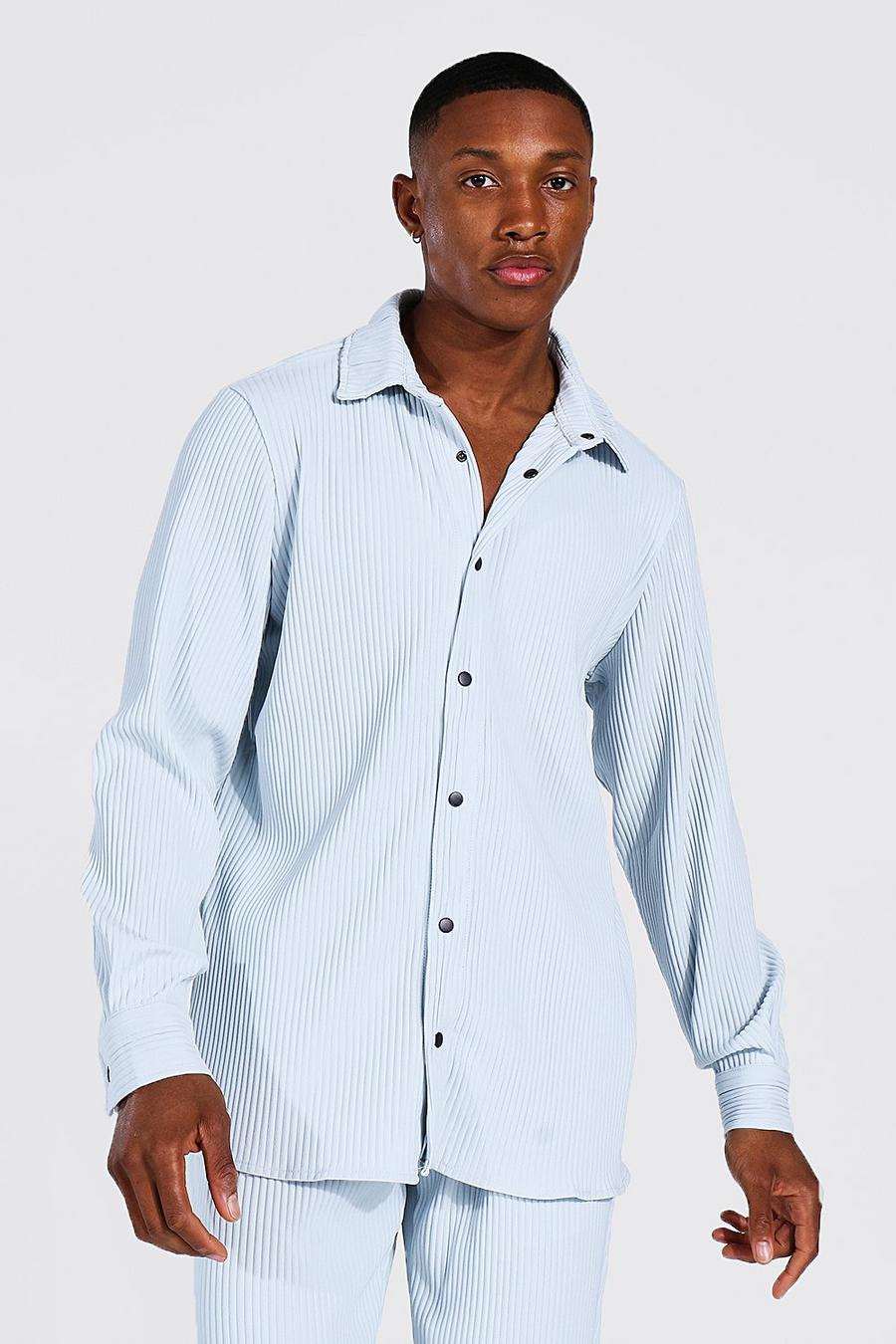 Light blue Långärmad plisserad överskjorta med tryckknappar image number 1