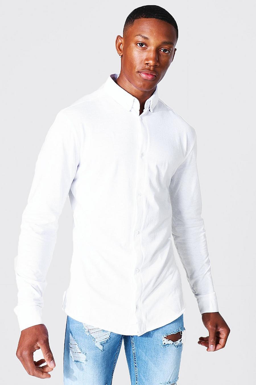 Camicia in jersey slim fit a maniche lunghe, Bianco image number 1