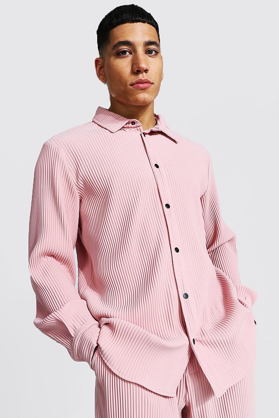 Dusky pink Långärmad plisserad överskjorta med tryckknappar image number 1