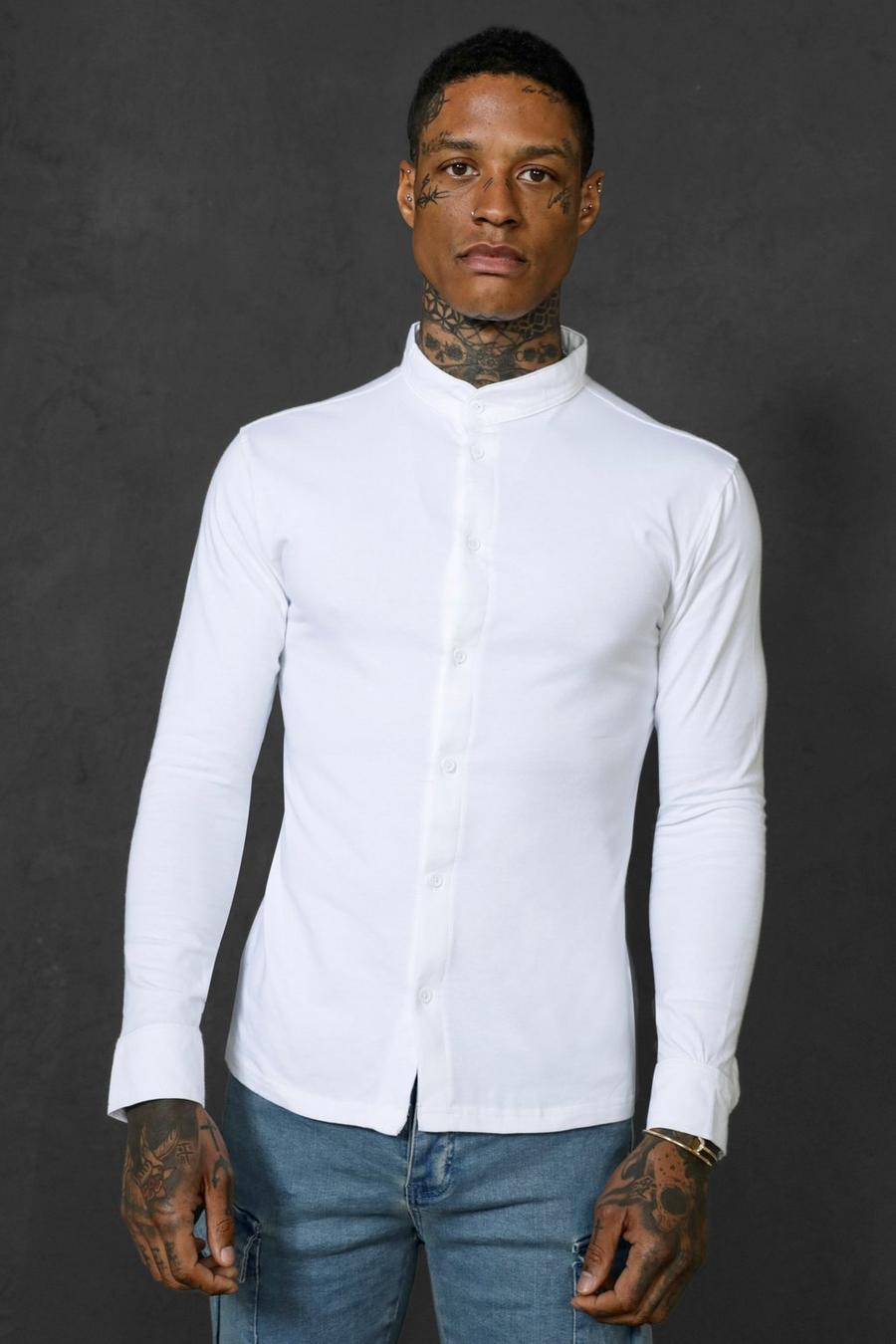 Chemise cintrée en jersey à manches longues et col montant, Blanc