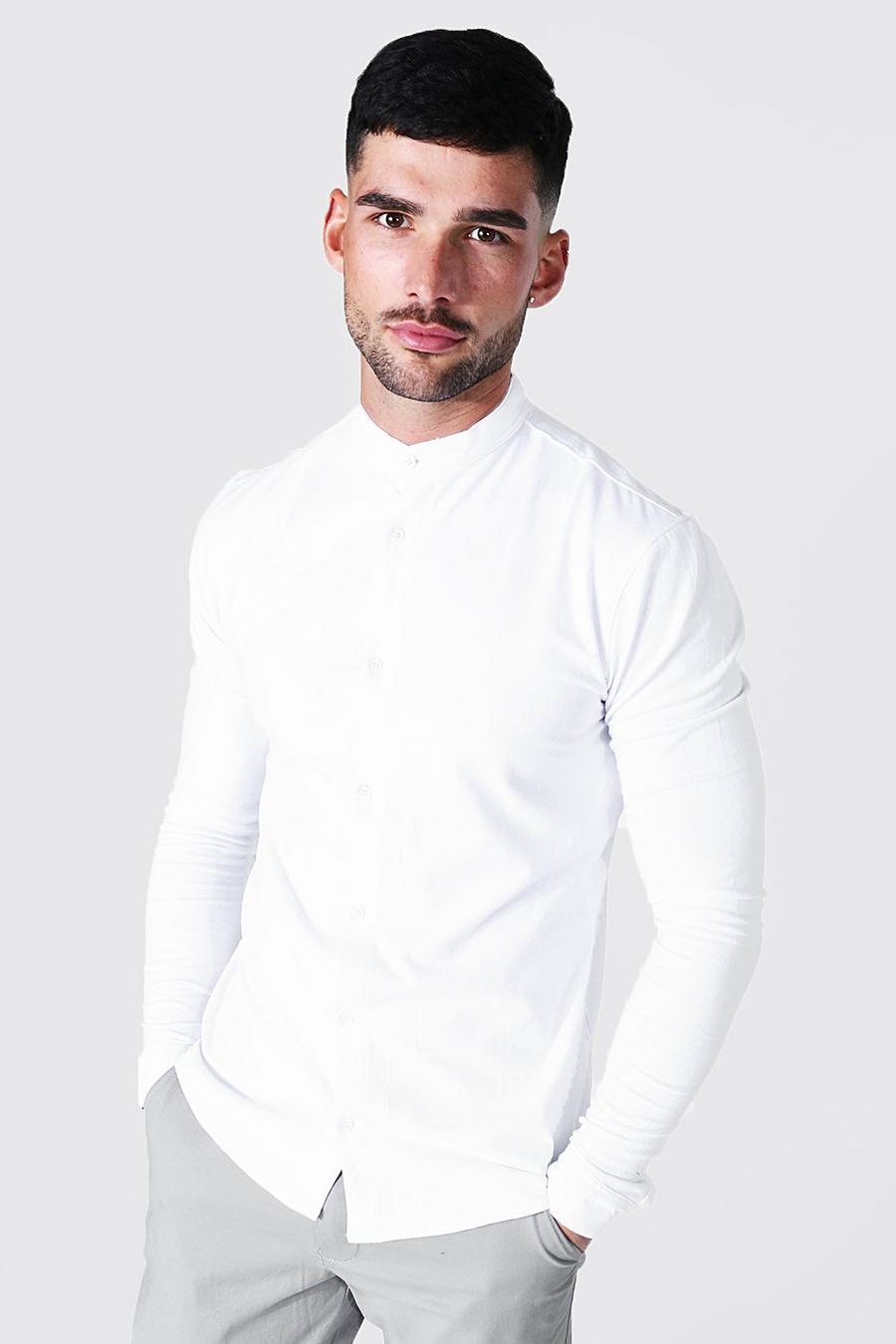 White Long Sleeve Grandad Collar Stretch Shirt image number 1