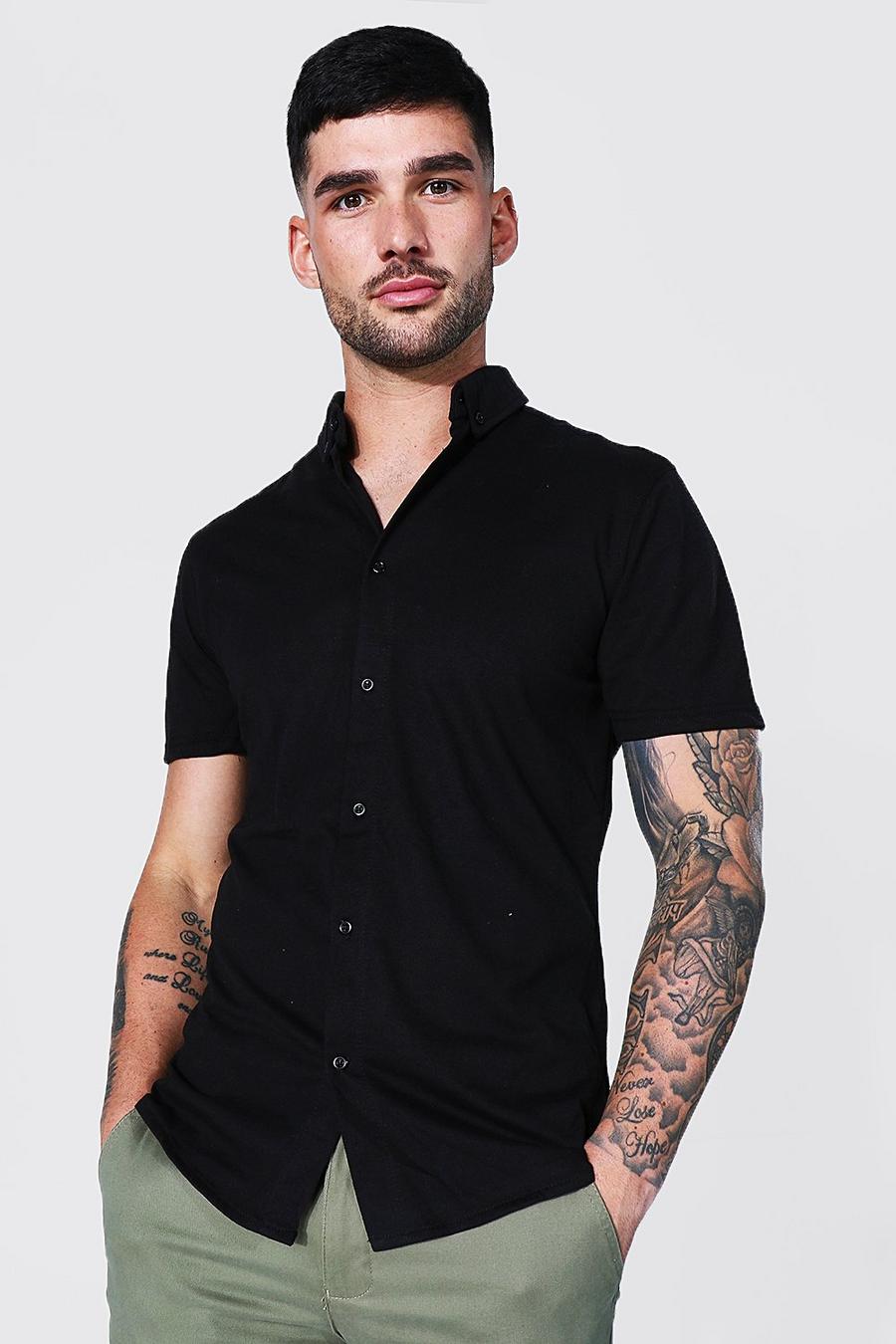 Kurzarm Slim Fit Jersey Hemd, Black image number 1
