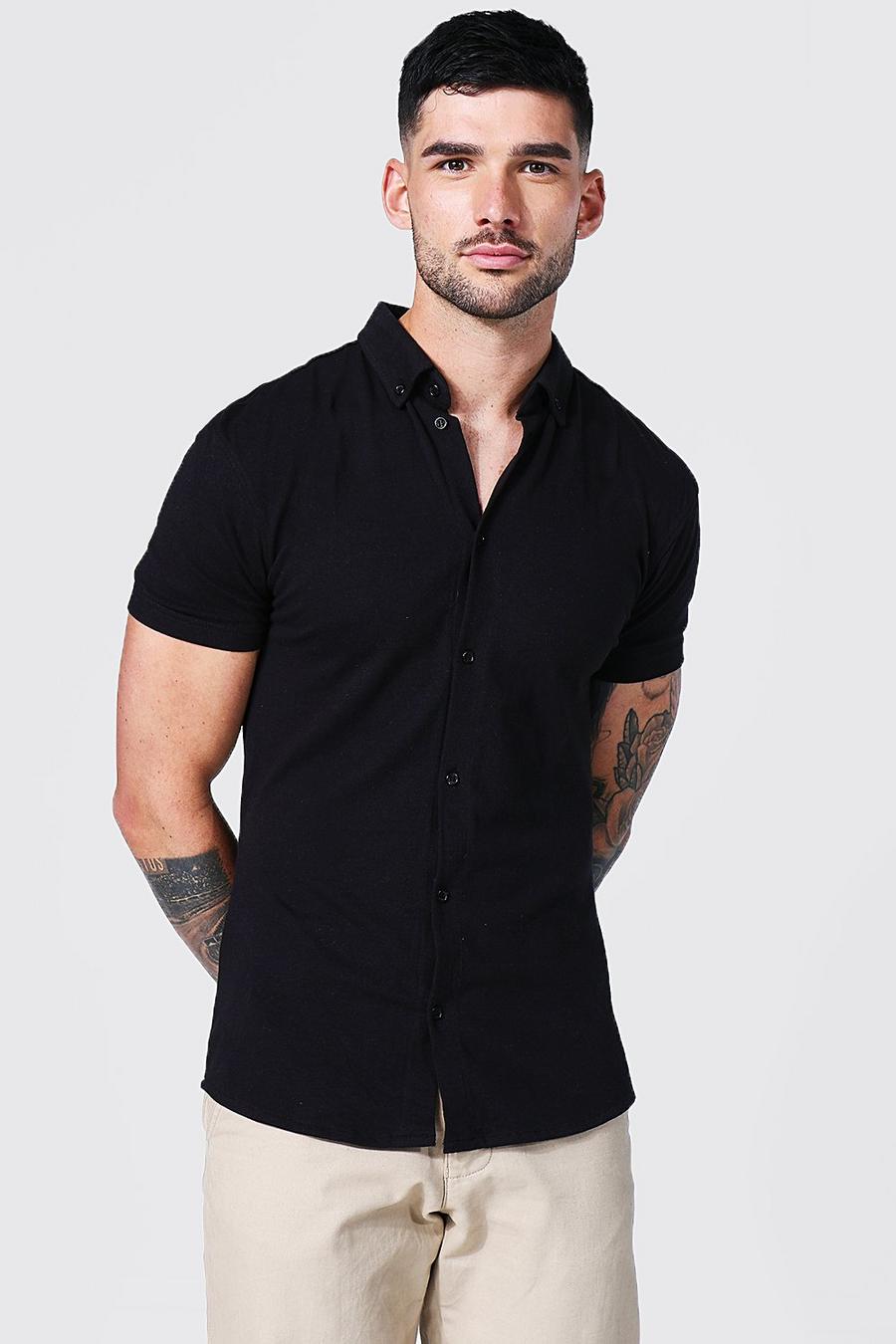 Kurzärmliges Muscle-Fit Jersey-Hemd, Black image number 1