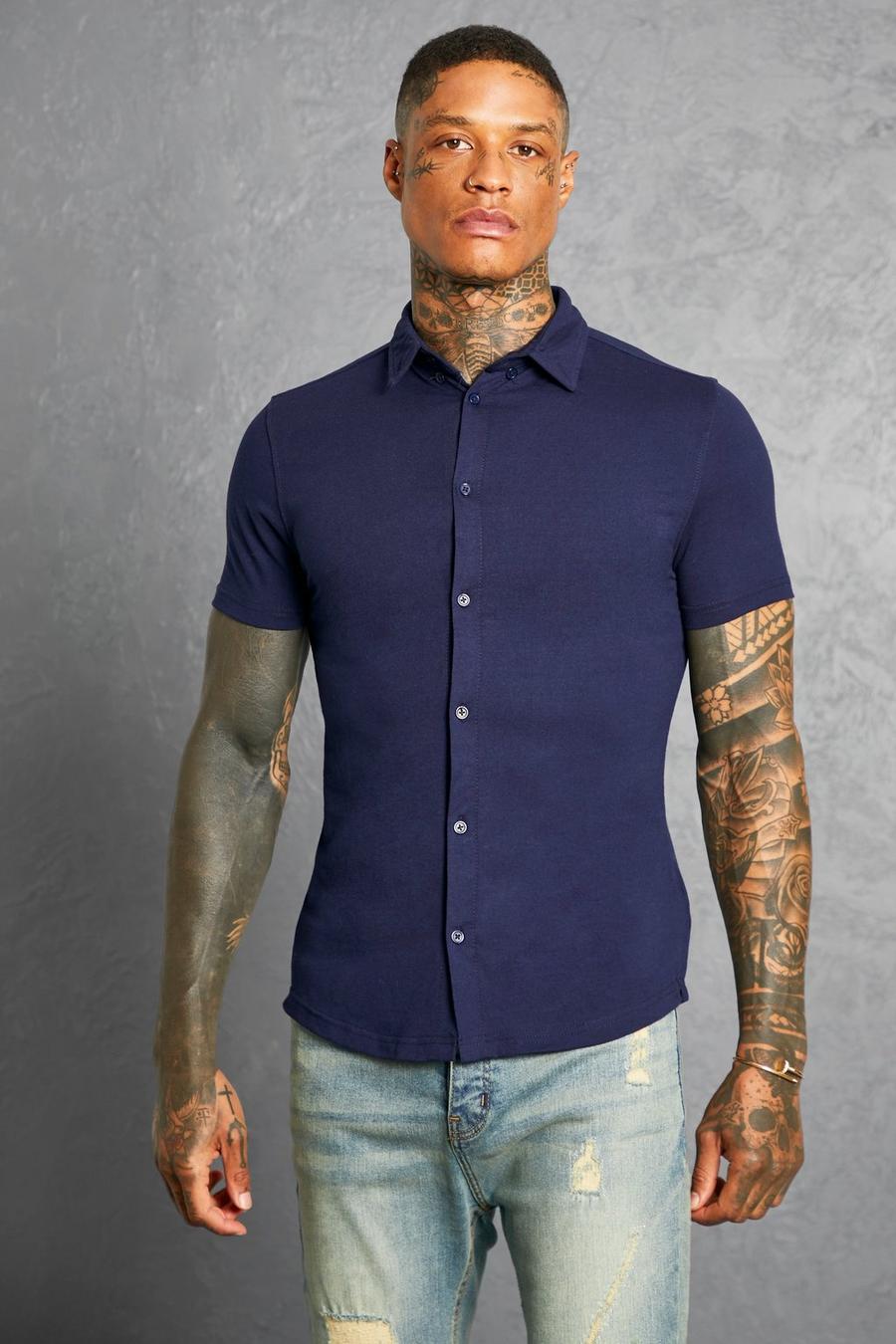 Camisa de manga corta ajustada al músculo de tela jersey, Azul marino blu oltremare image number 1