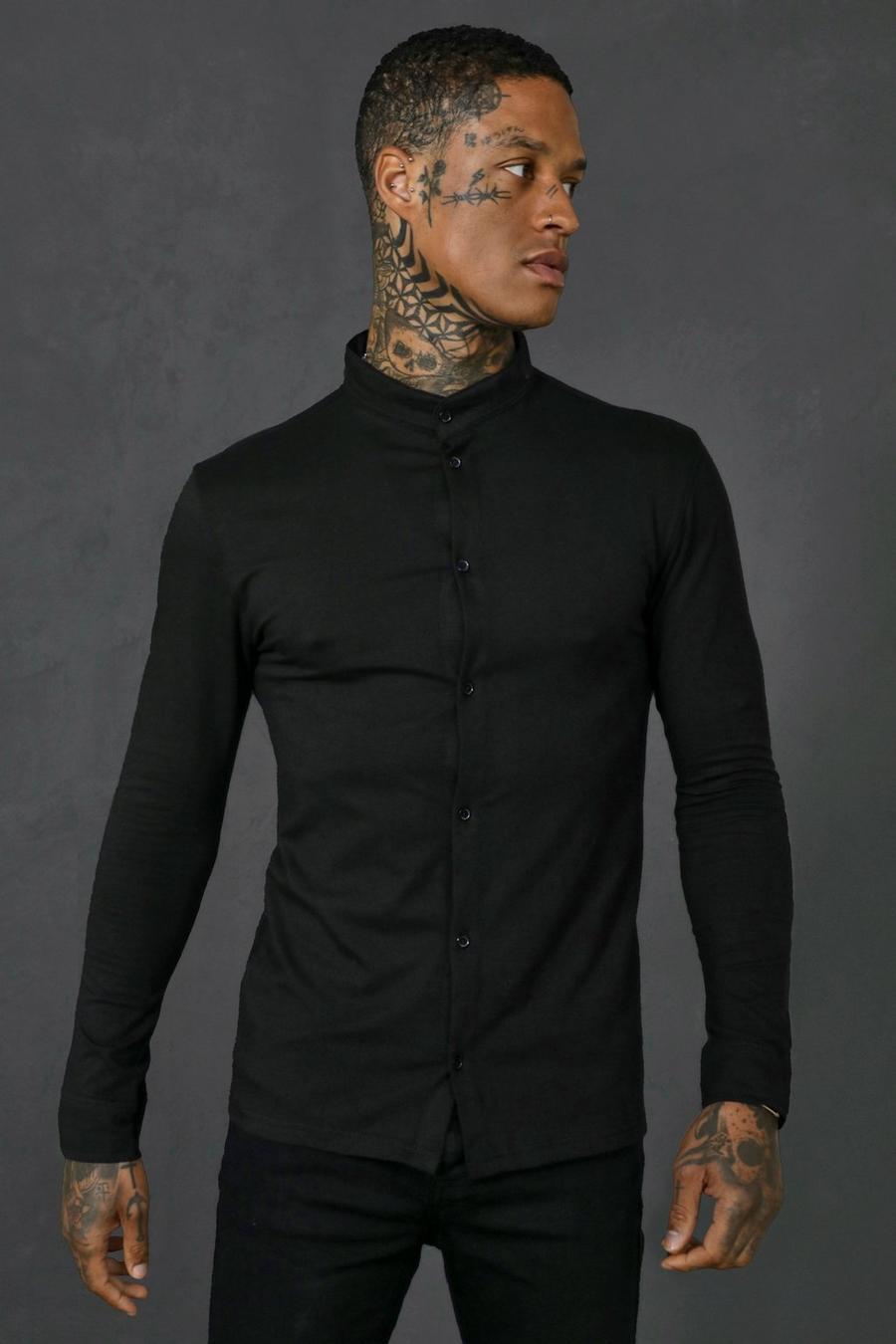 Black Muscle Fit Overhemd Met Lange Mouwen En Opa Kraag image number 1