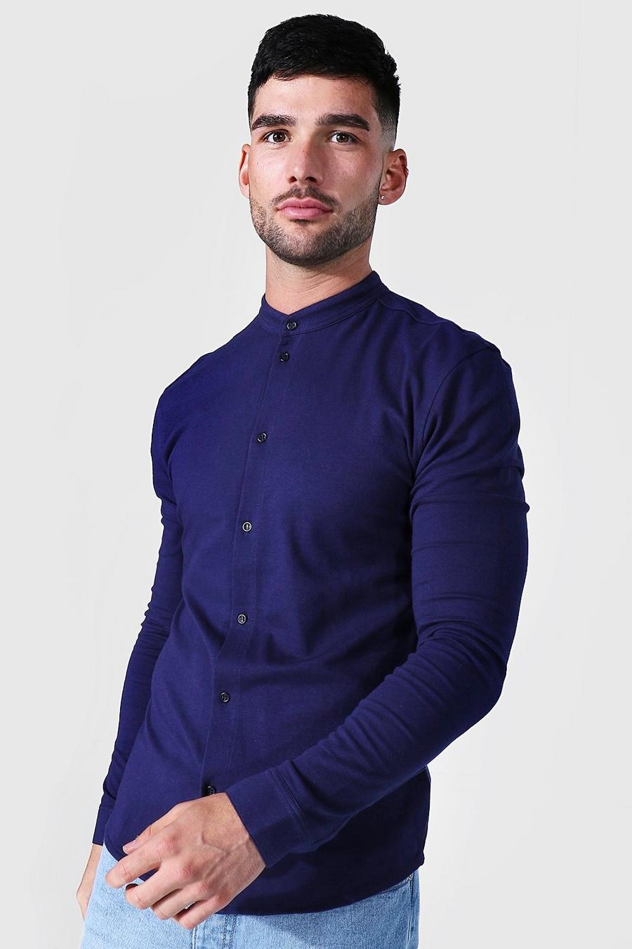 Navy marinblå Long Sleeve Muscle Fit Grandad Collar Shirt