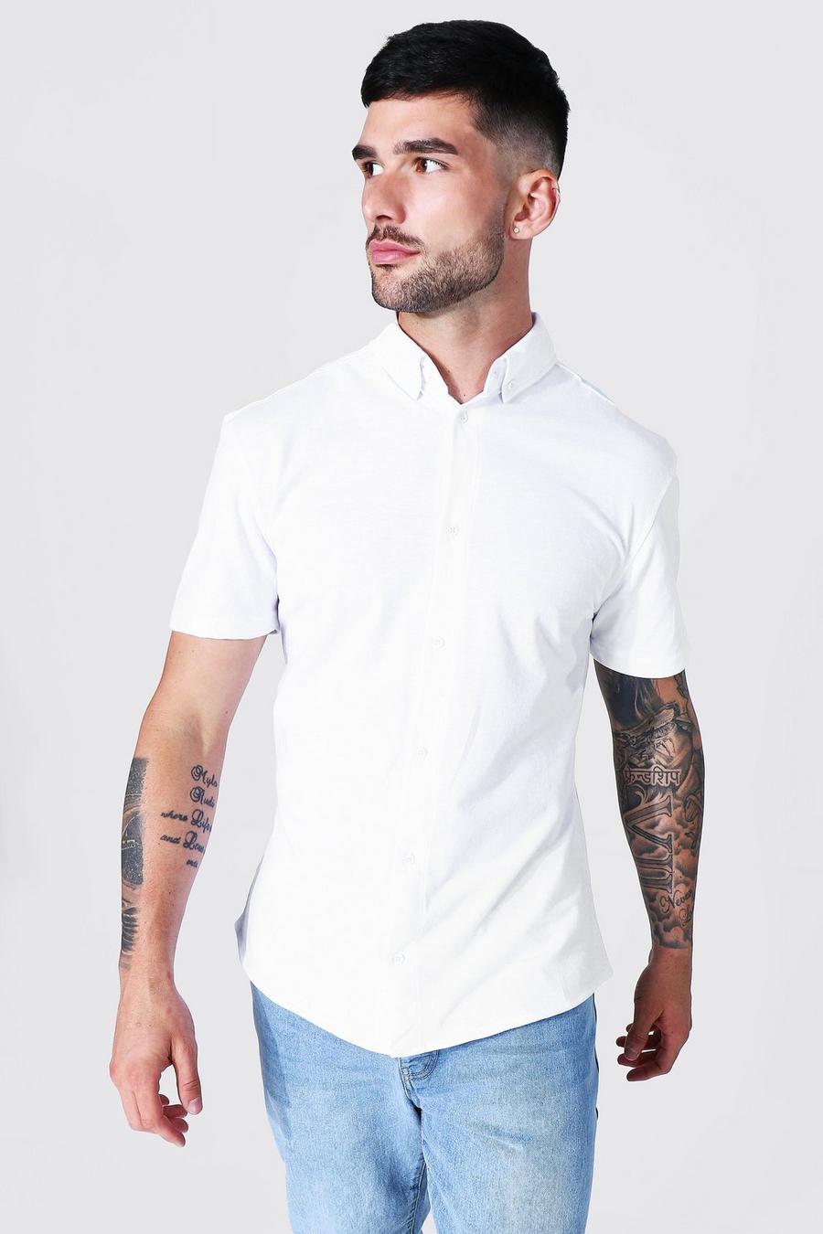 White Slim Fit Jersey Overhemd Met Korte Mouwen image number 1