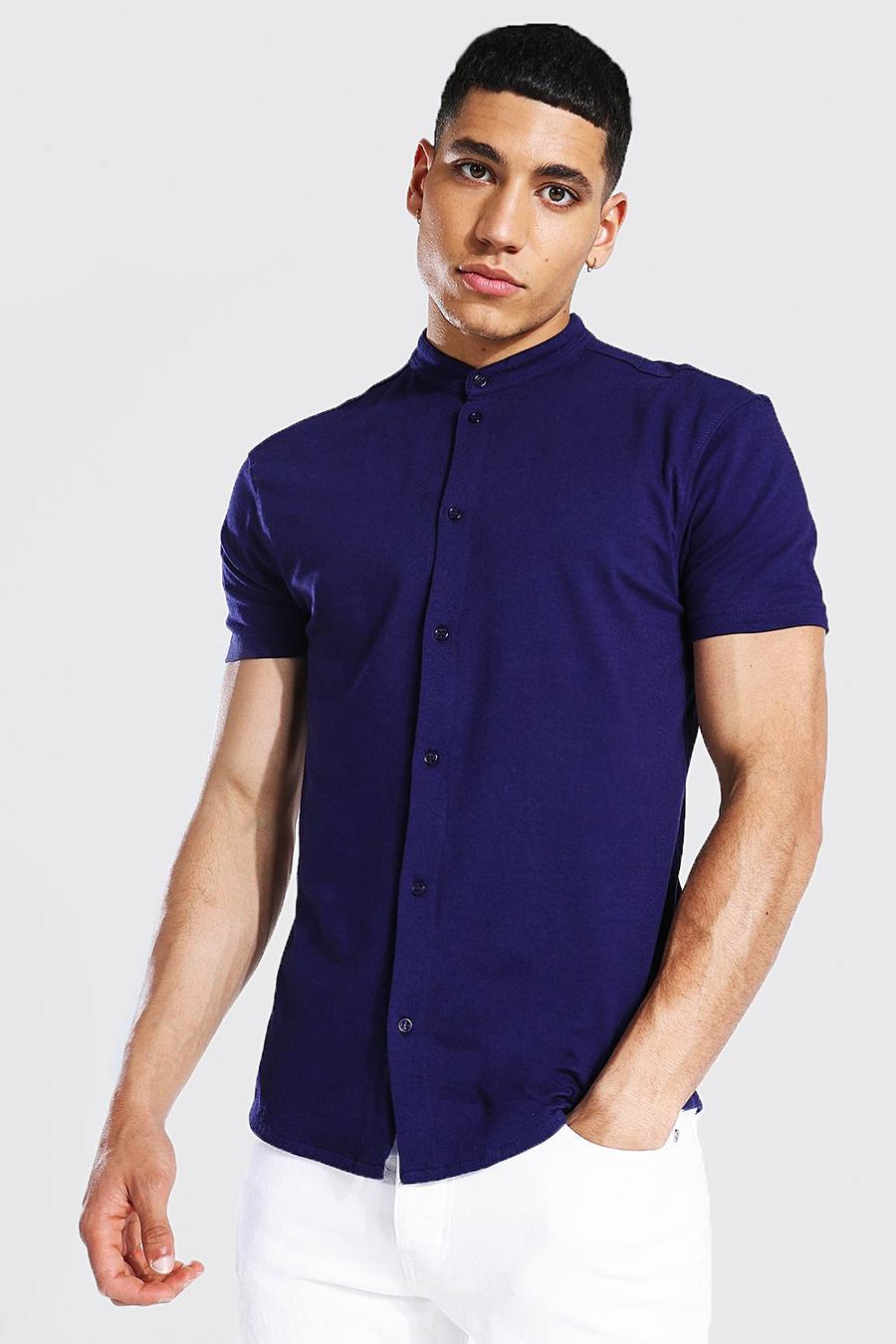 Navy Short Sleeve Muscle Fit Grandad Collar Shirt image number 1