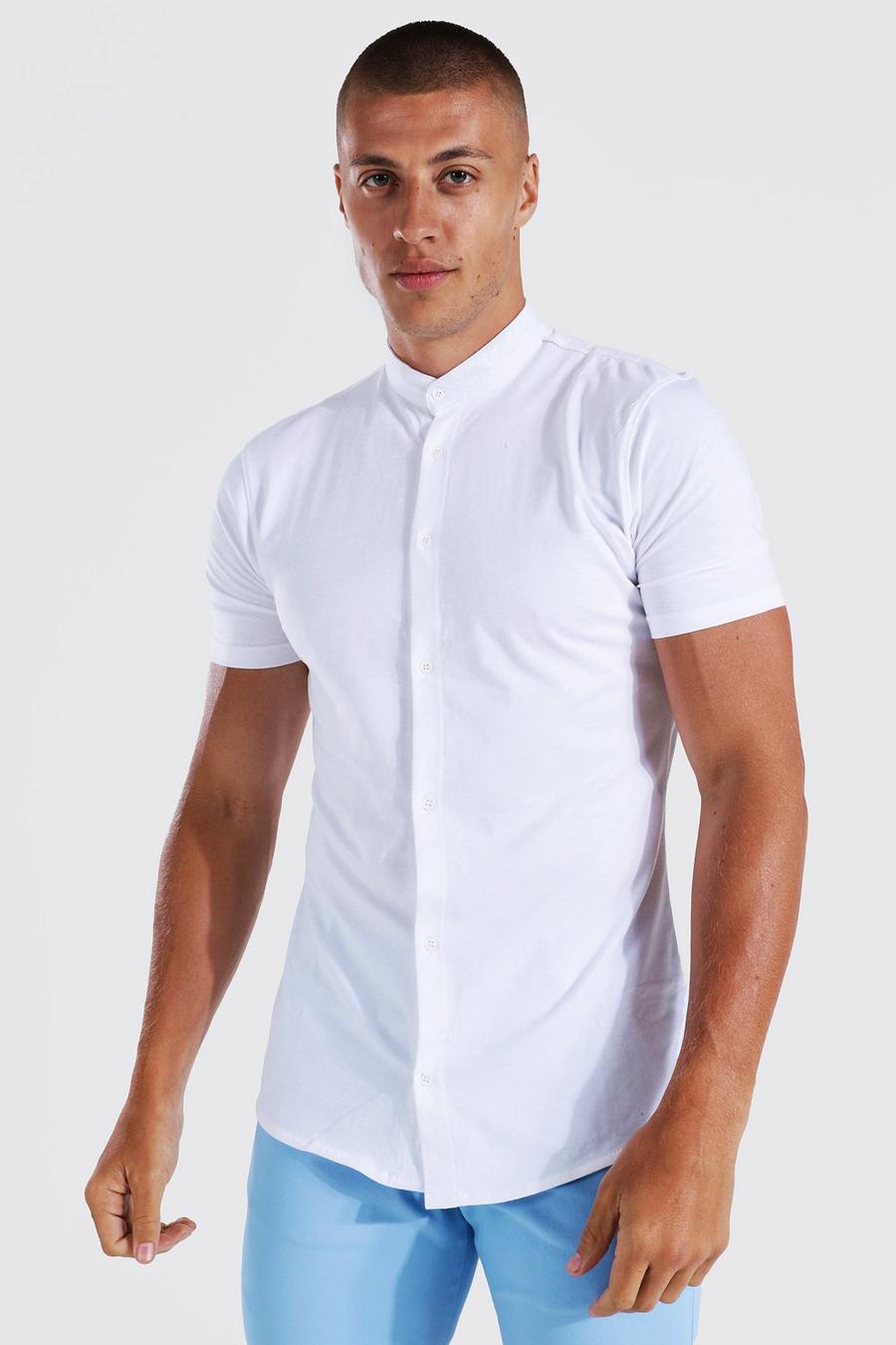 White Short Sleeve Muscle Fit Grandad Collar Shirt image number 1