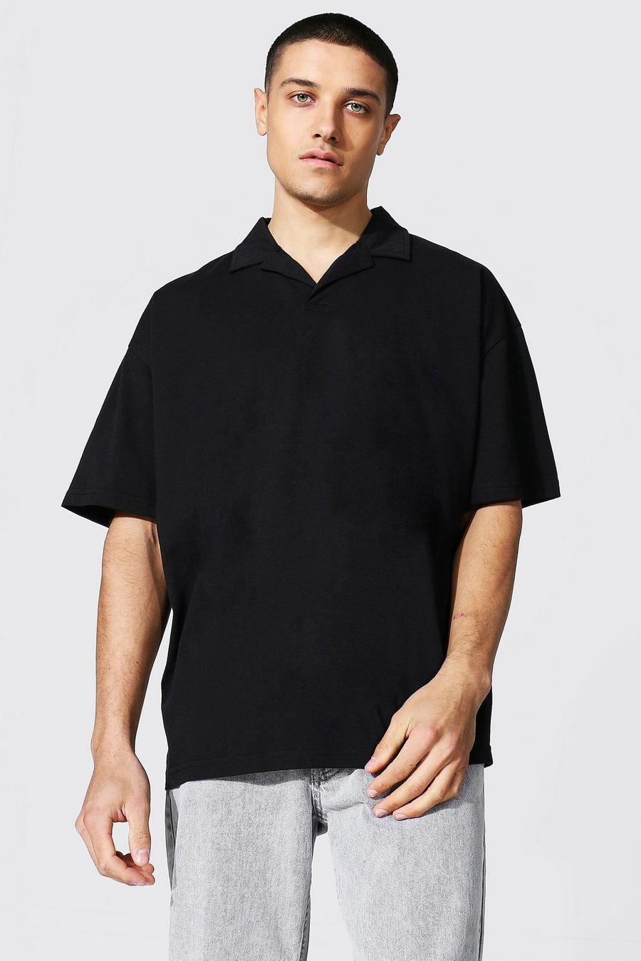 Black Oversized Revere Collar Jersey Polo image number 1