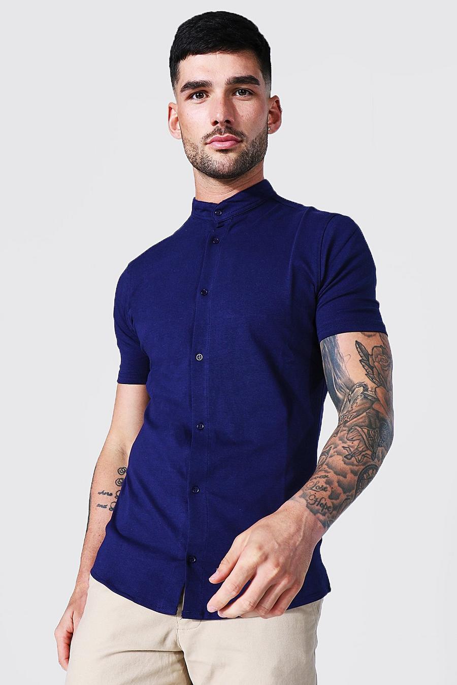 Navy Short Sleeve Muscle Fit Grandad Collar Shirt image number 1