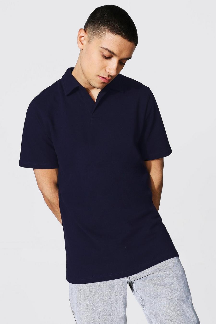 Navy Revere Collar Pique Polo image number 1