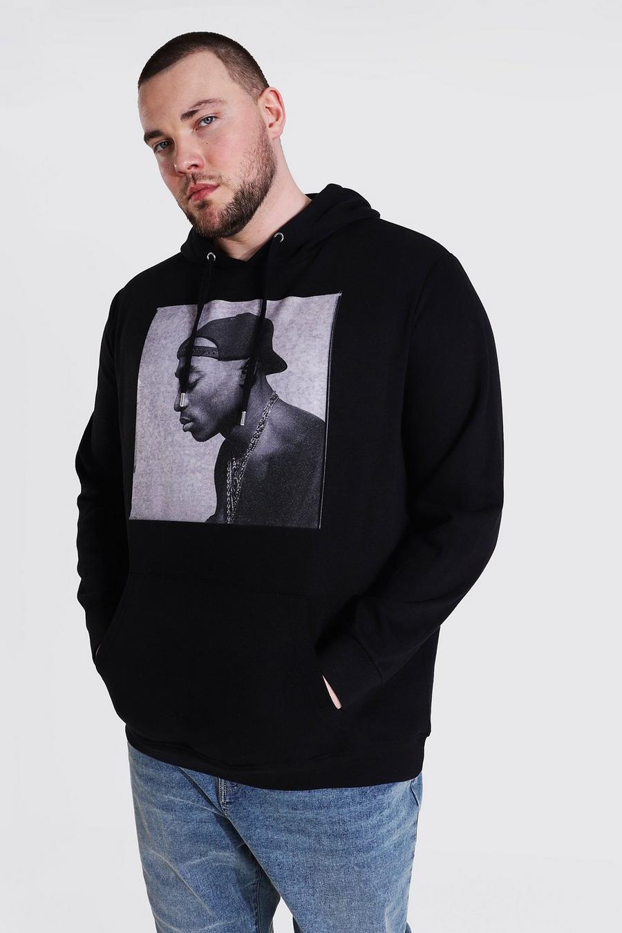 Sudadera con capucha con estampado licenciado de perfil de Tupac talla Plus, Negro image number 1