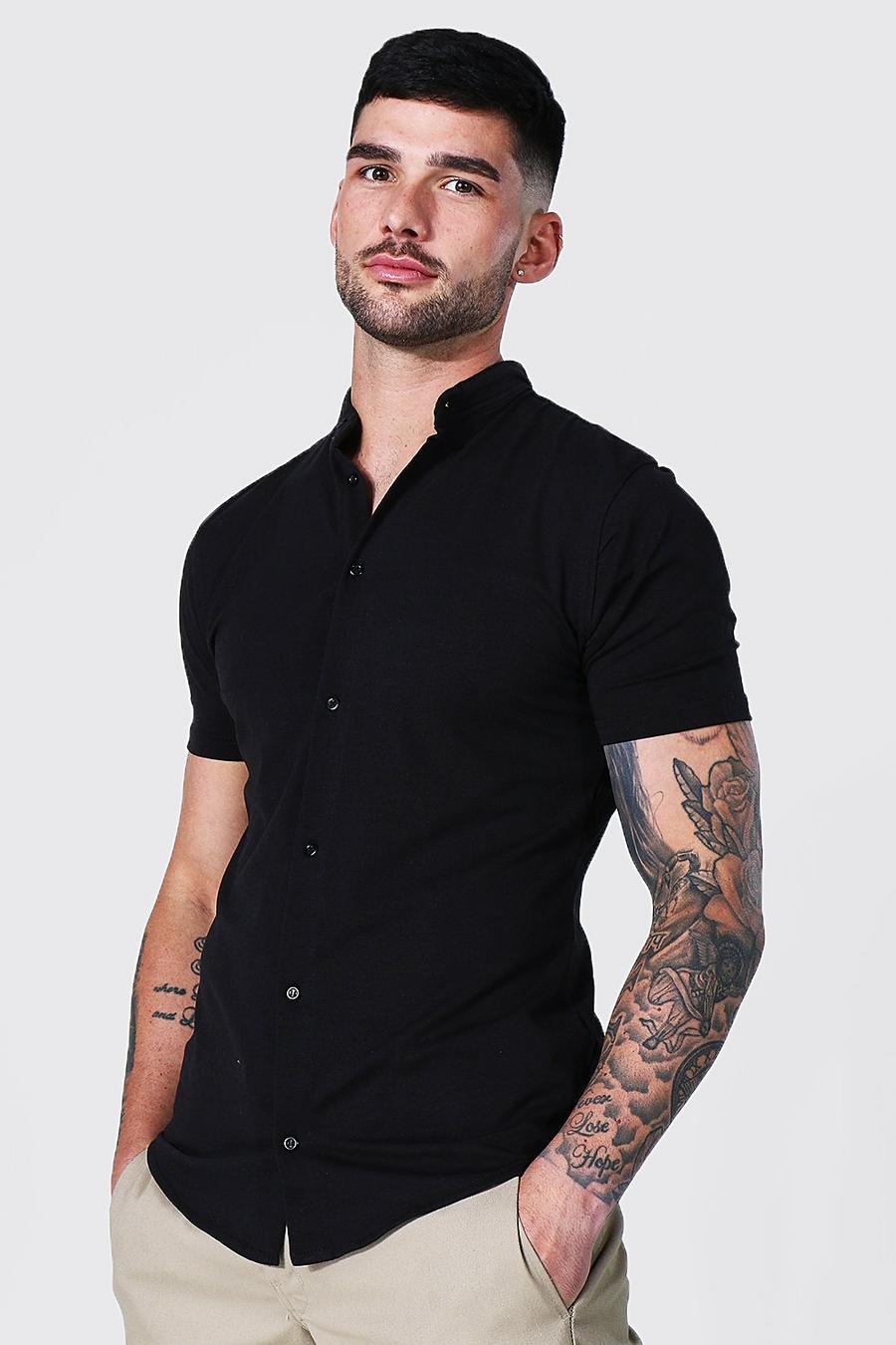 Black Short Sleeve Muscle Fit Grandad Collar Shirt image number 1