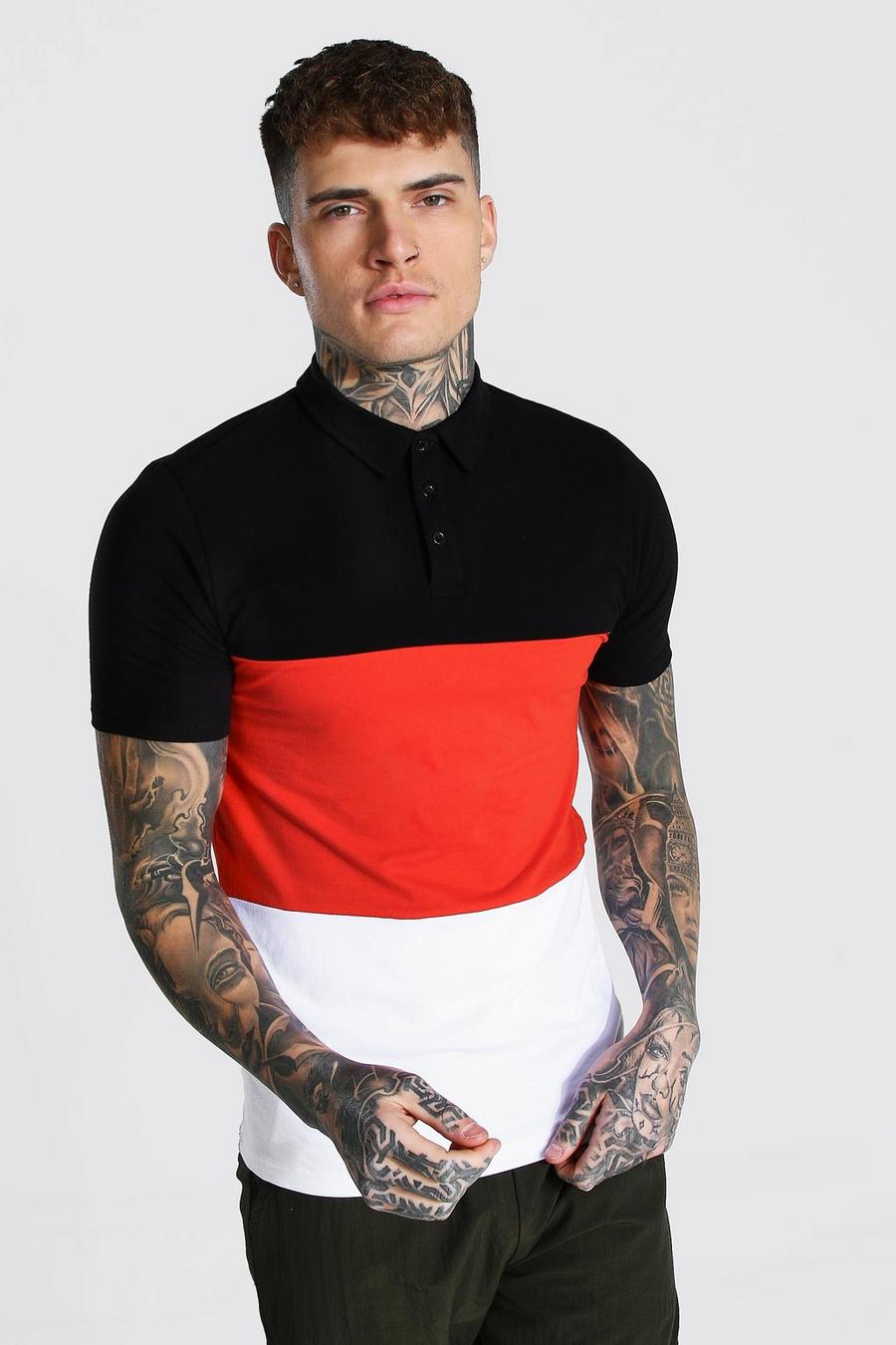 Kurzärmliges Muscle-Fit Poloshirt im Colorblock-Design, Schwarz image number 1