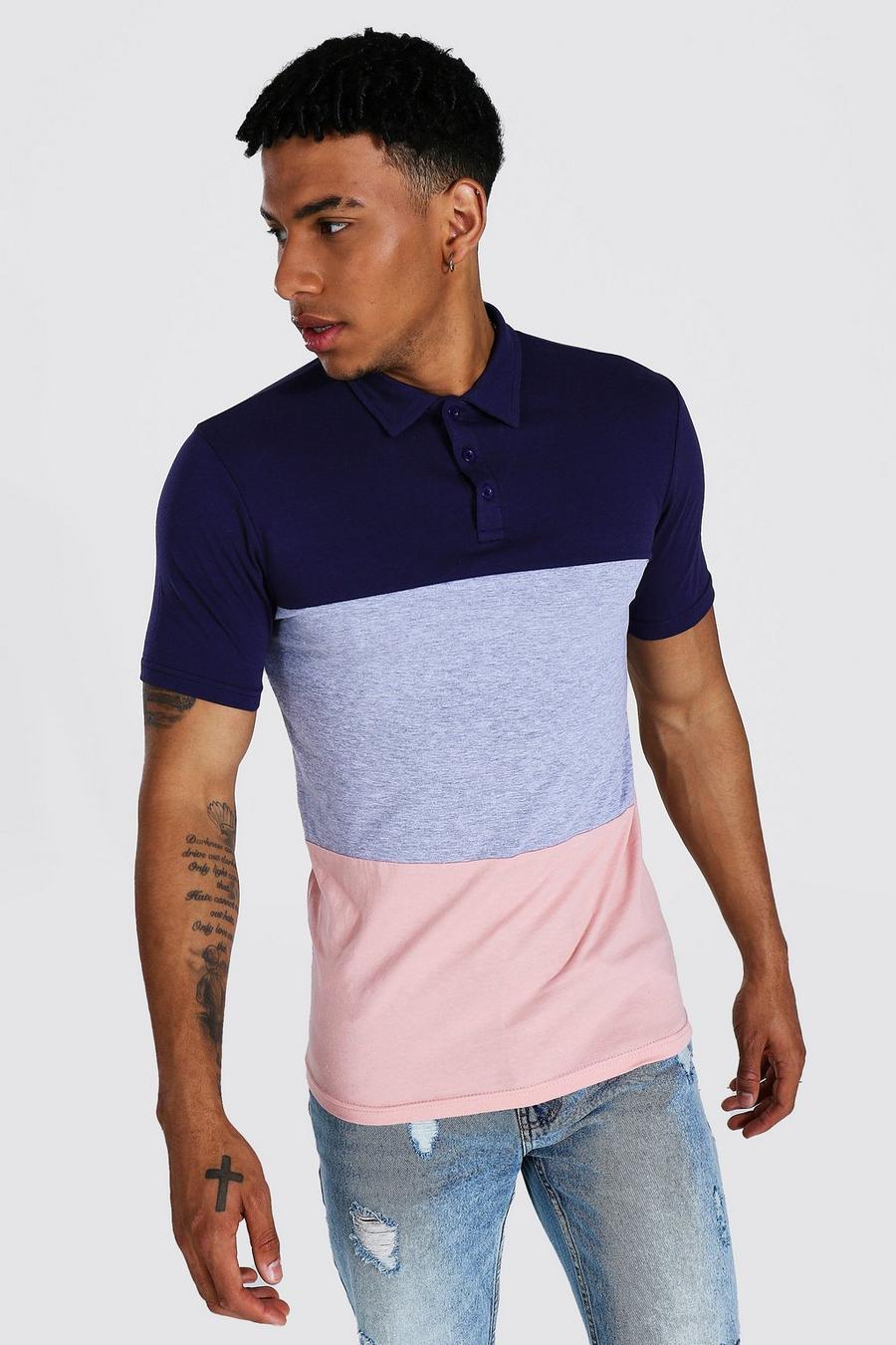 Kurzärmliges Muscle-Fit Poloshirt im Colorblock-Design, Marineblau image number 1