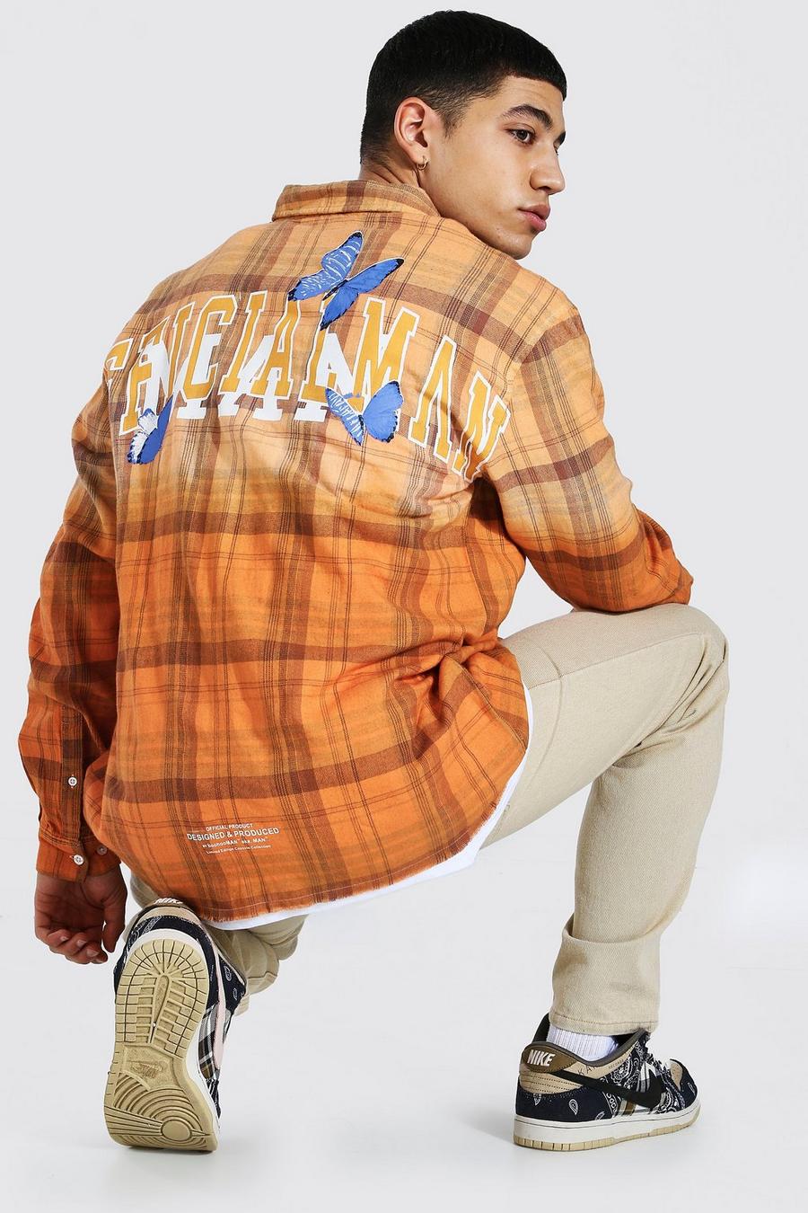 Orange Oversized Man Back Print Ombre Flannel Shirt image number 1