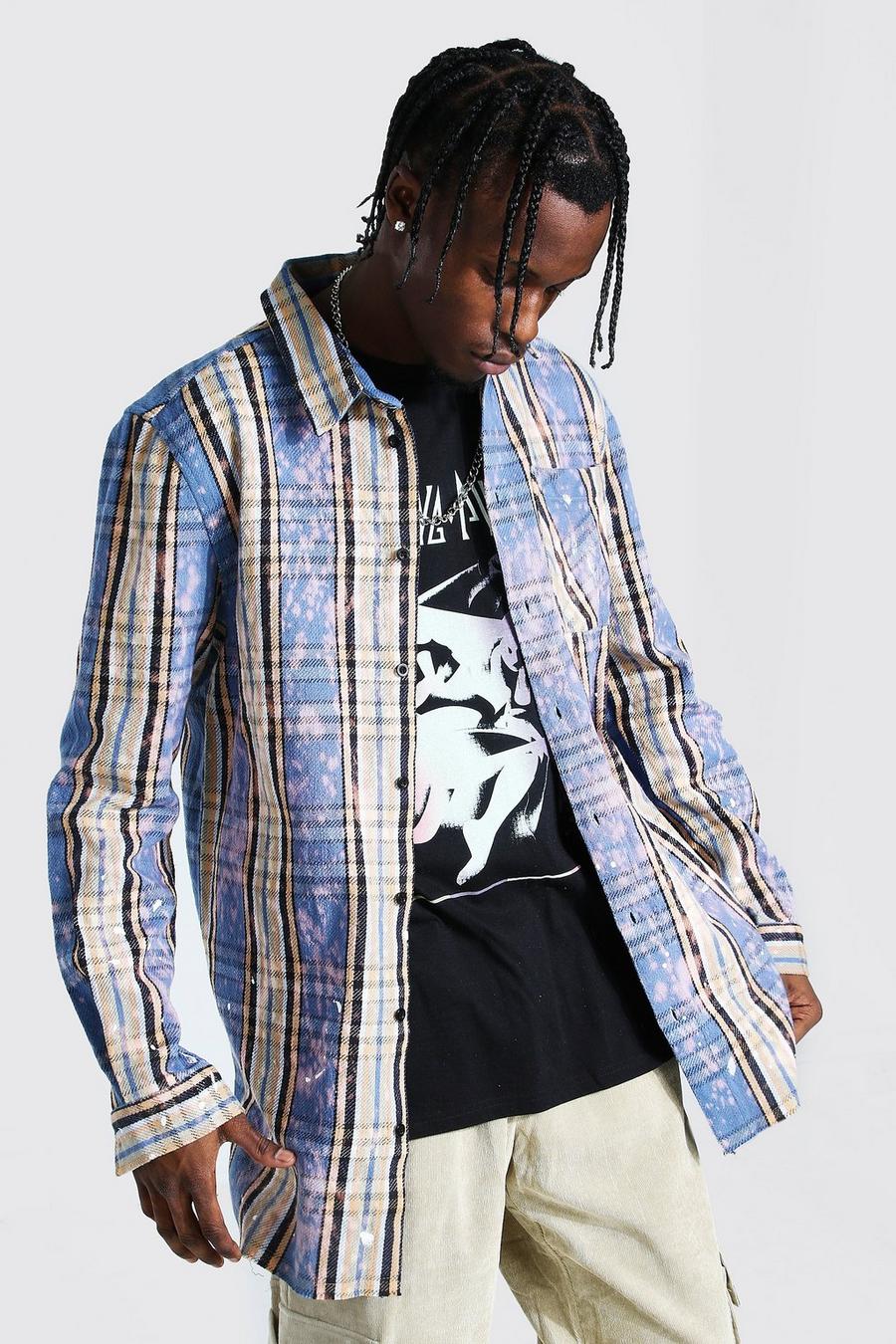 Camisa de cuadros de corte largo con salpicaduras de lejía, Azul claro image number 1
