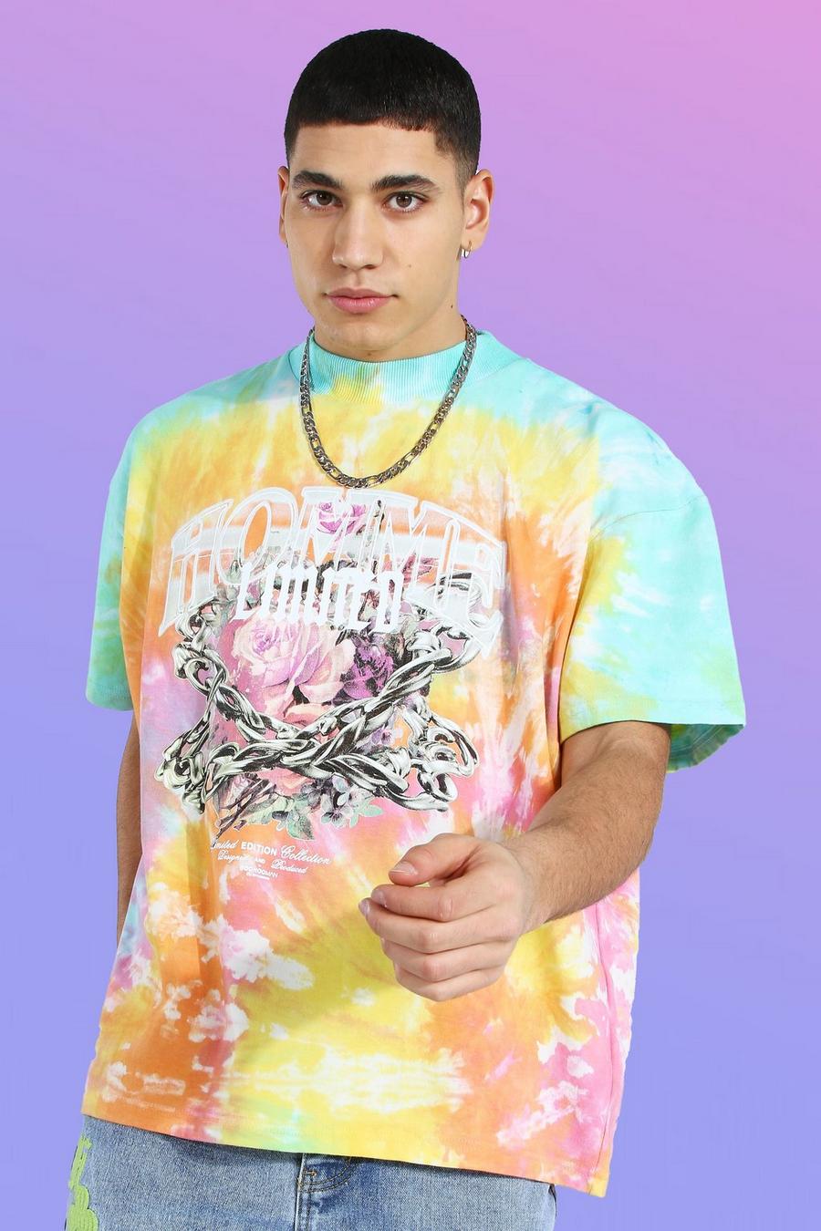 Bedrucktes T-Shirt aus schwerem Gewebe in Übergröße und Batik-Optik, Mehrfarbig image number 1