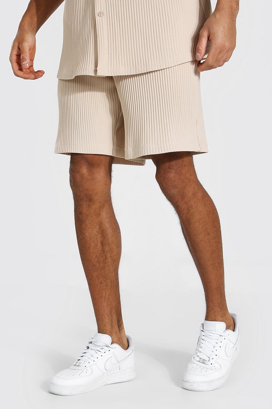 Taupe Mellanlånga plisserade shorts i regular fit image number 1