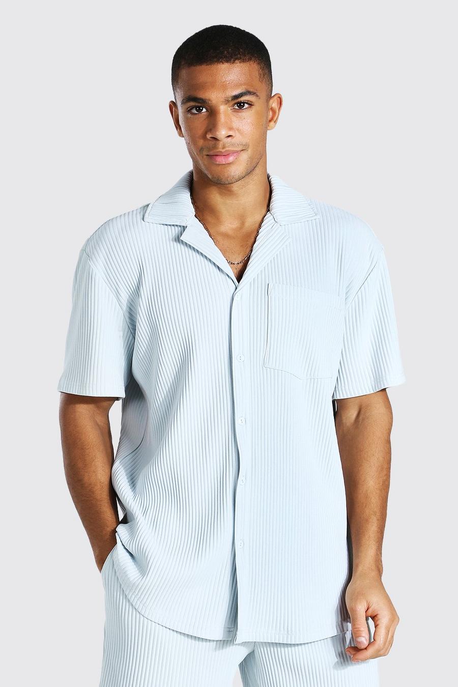 Chemise plissée à manches courtes et col tailleur, Bleu clair image number 1