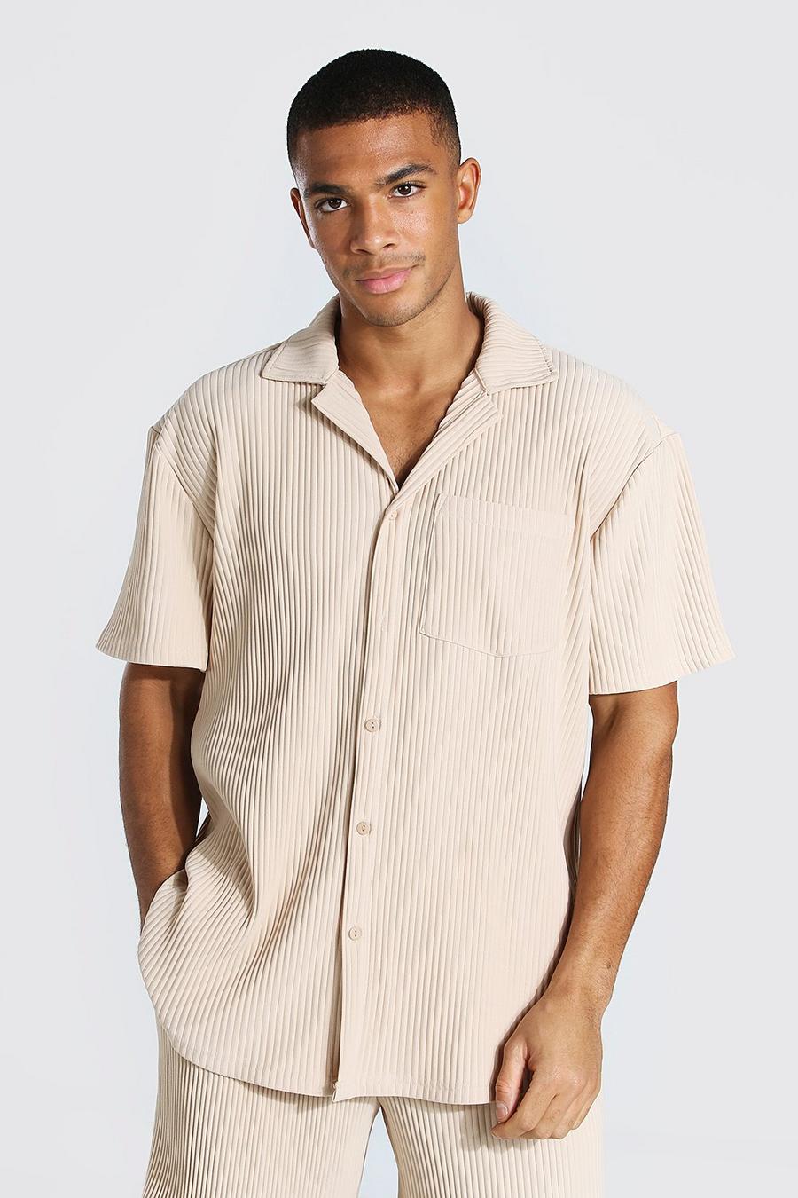 Taupe Pleated Short Sleeve Revere Shirt image number 1