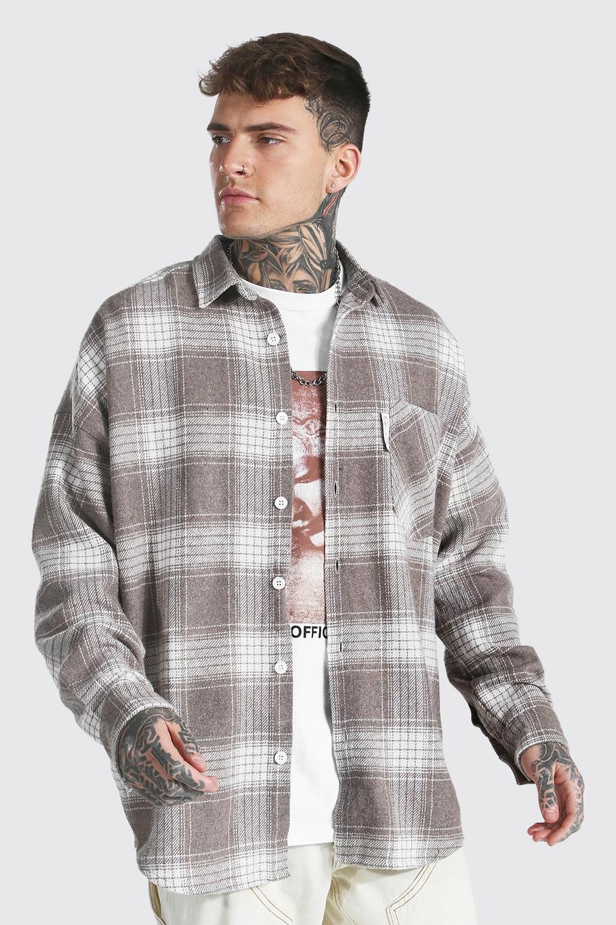 Taupe Oversized Check Overshirt With Man Tab image number 1