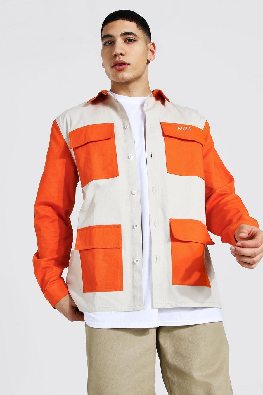Orange Long Sleeve Twill Colour Block Shirt Jacket image number 1