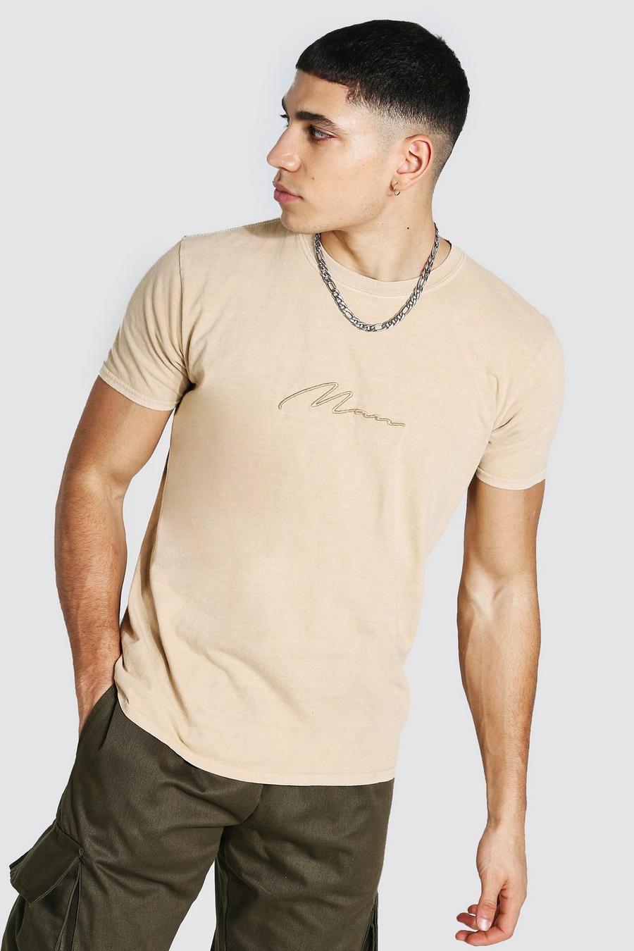 Sand beige Man Signature Överfärgad t-shirt image number 1