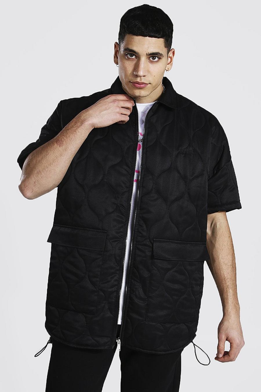 Black Oversized Gewatteerd Overhemd Met Korte Mouwen En Stiksels image number 1