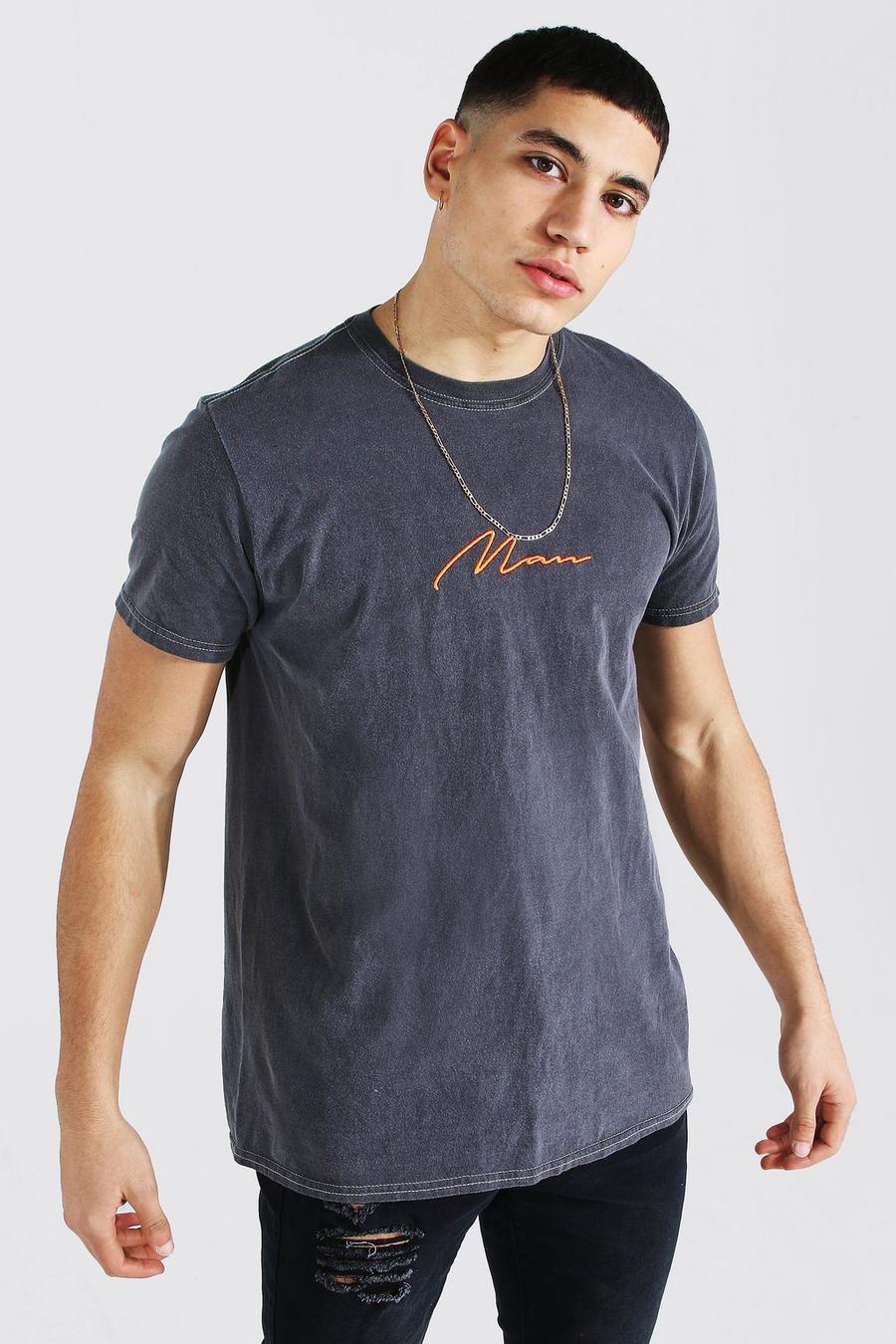 Überfärbtes T-Shirt mit Kontrastfarben und Man-Schriftzug, Anthrazit image number 1