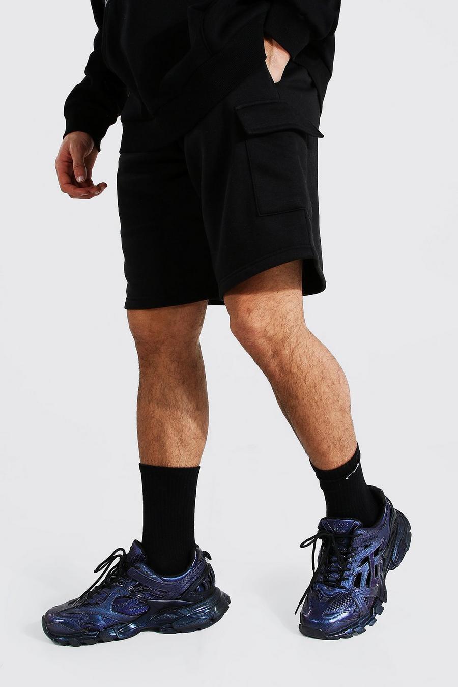 Black Basic Mid Oversized Cargo Jersey Shorts image number 1